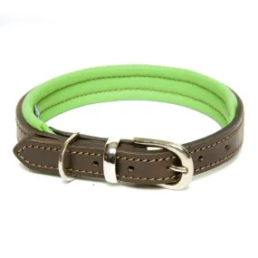 Dogs & Horses Padded Leather Dog Collar -  Green & Brown