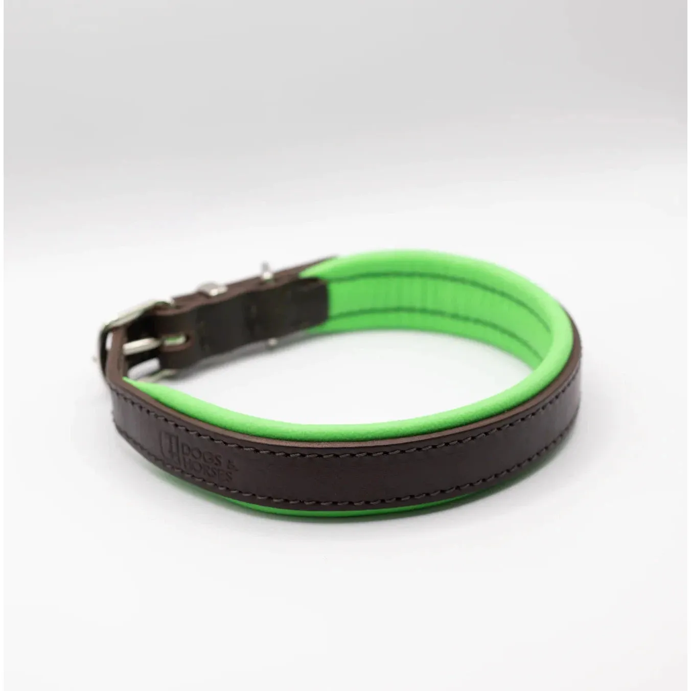 Dogs & Horses Padded Leather Dog Collar -  Green & Brown