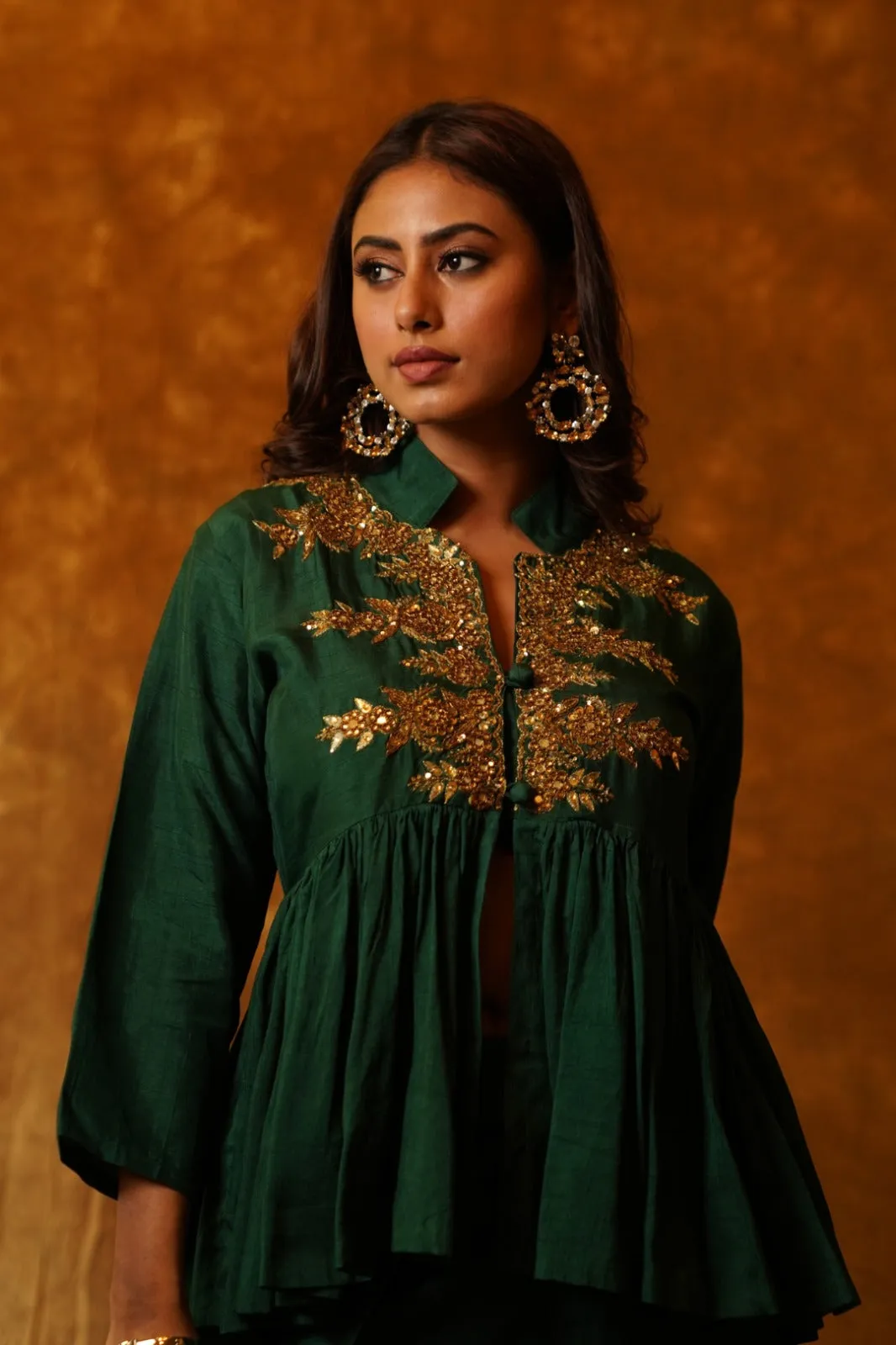 Emerald Elegance: Peplum Top & Overlap Dhoti Set