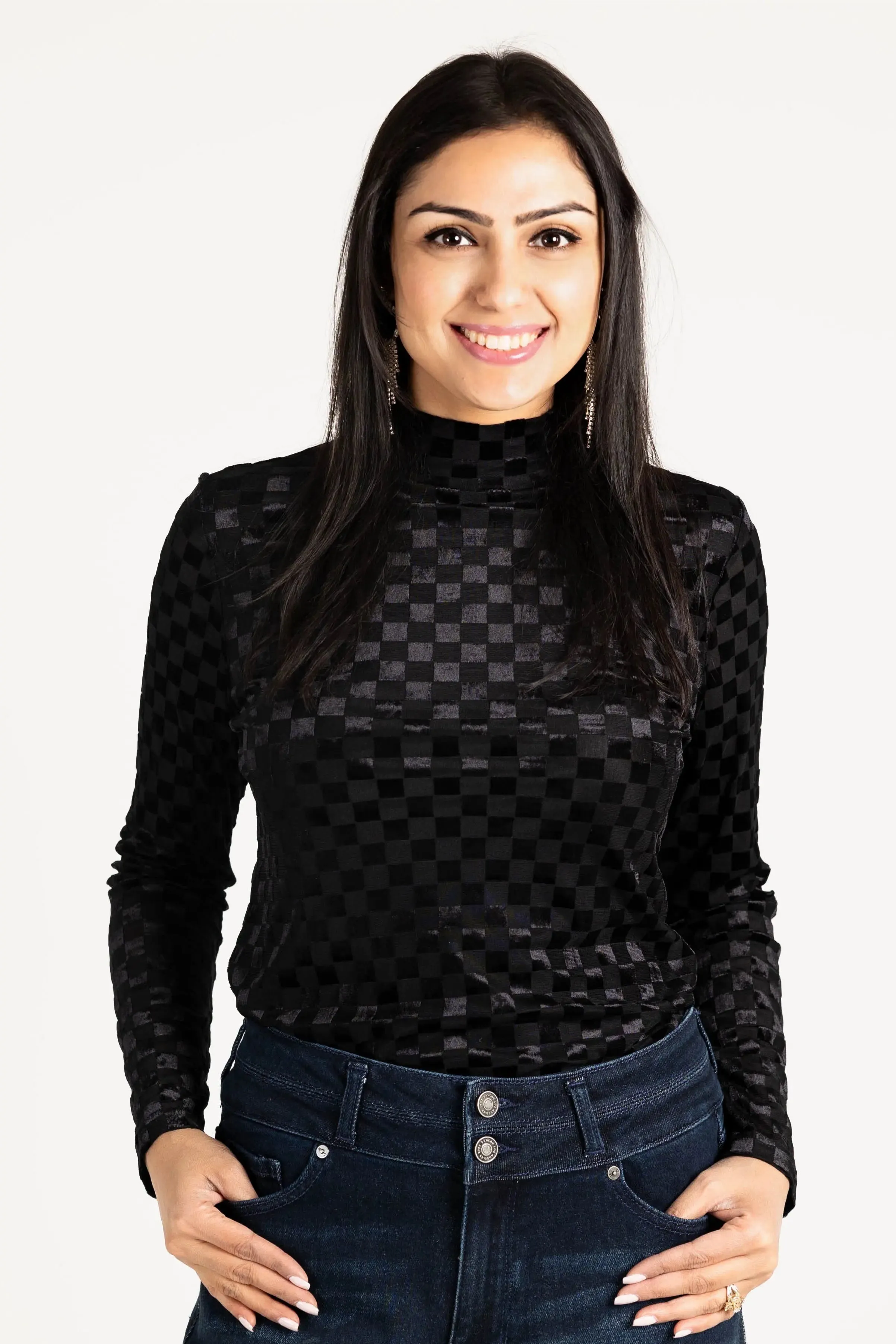 Everybody Needs Someone Velvet Checker Mock Neck Top