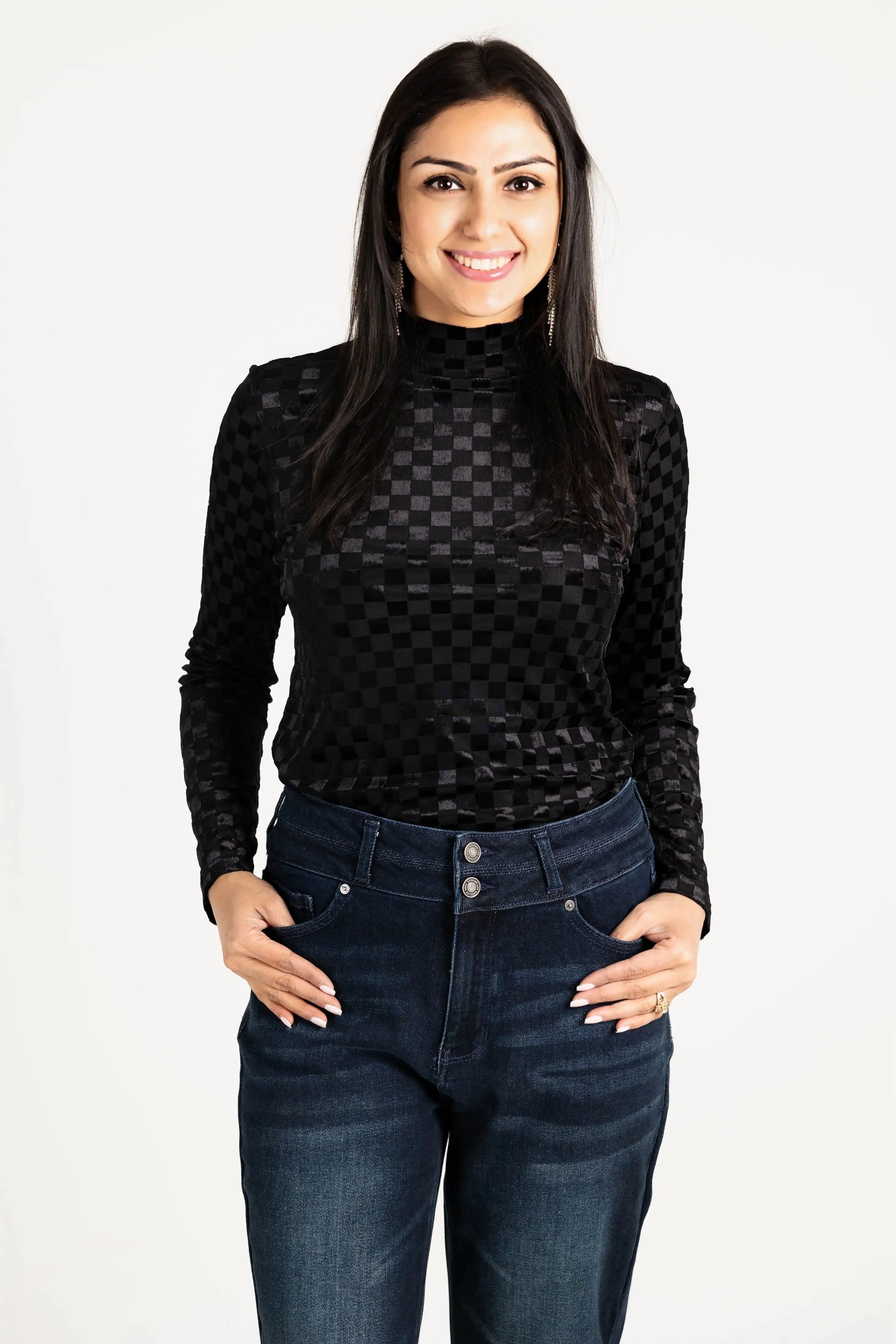 Everybody Needs Someone Velvet Checker Mock Neck Top