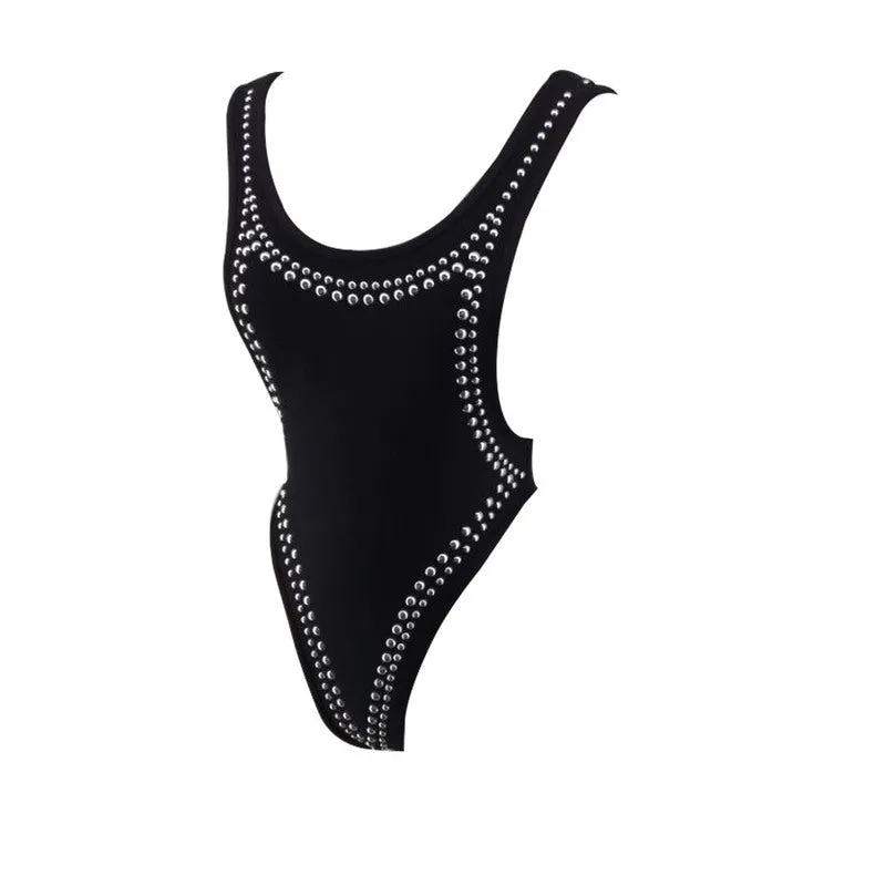 Exclusive celeb style studded rhinestone one piece monokini bodysuit bikini