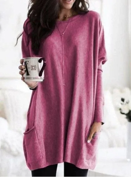 Fashion simple and versatile pocket round neck long sleeve top