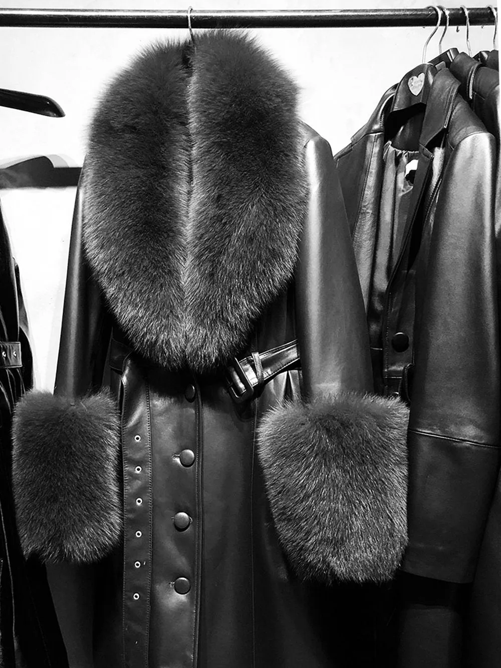 Faux Fur Genuine Leather Coat in Black