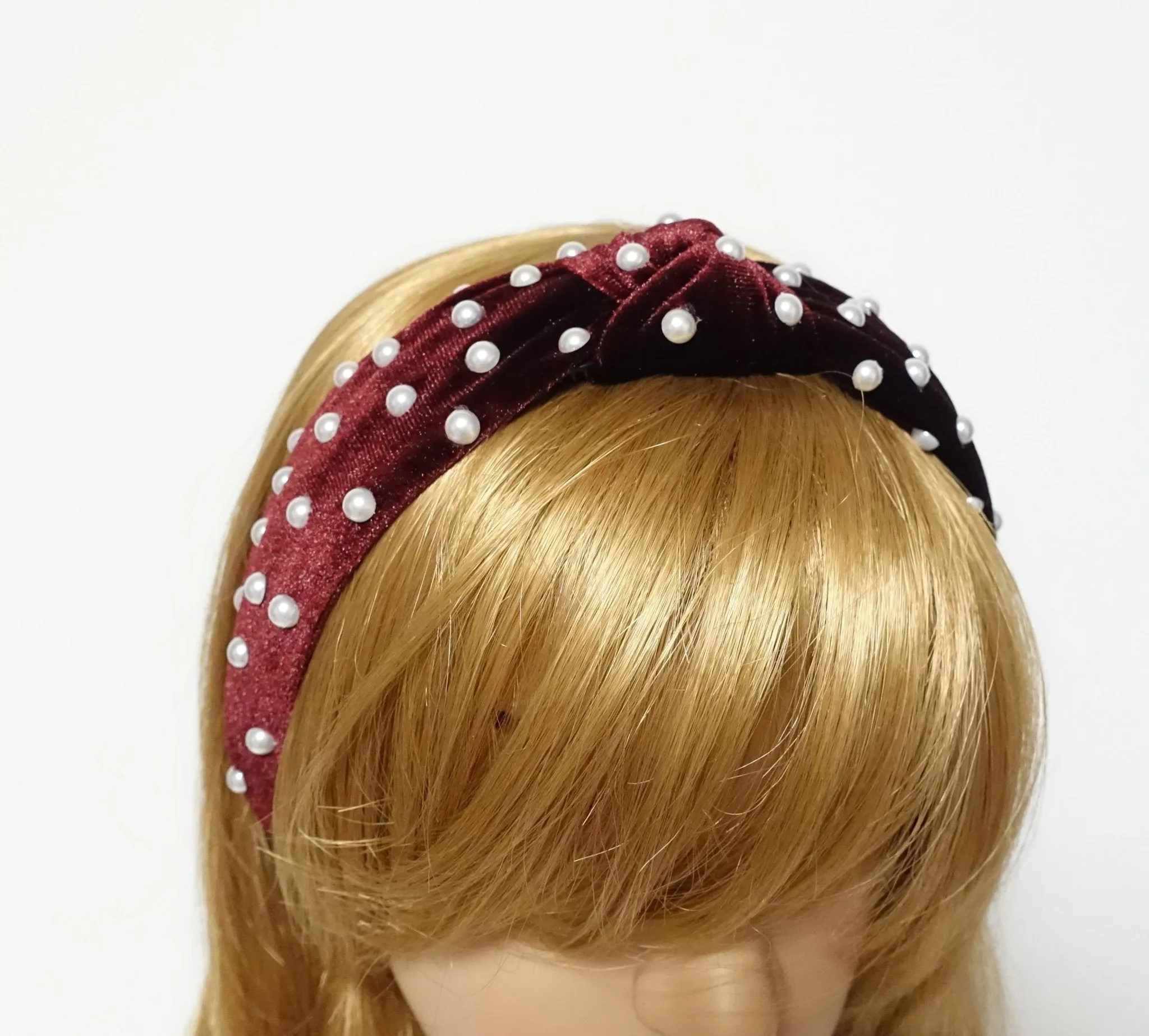 faux pearl decorated velvet fashion headband for women