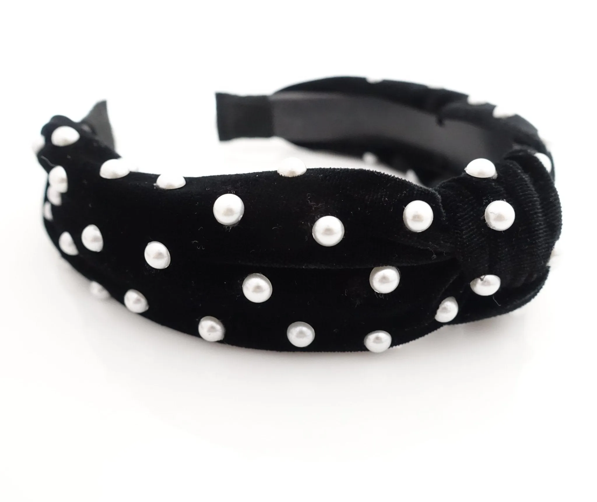 faux pearl decorated velvet fashion headband for women