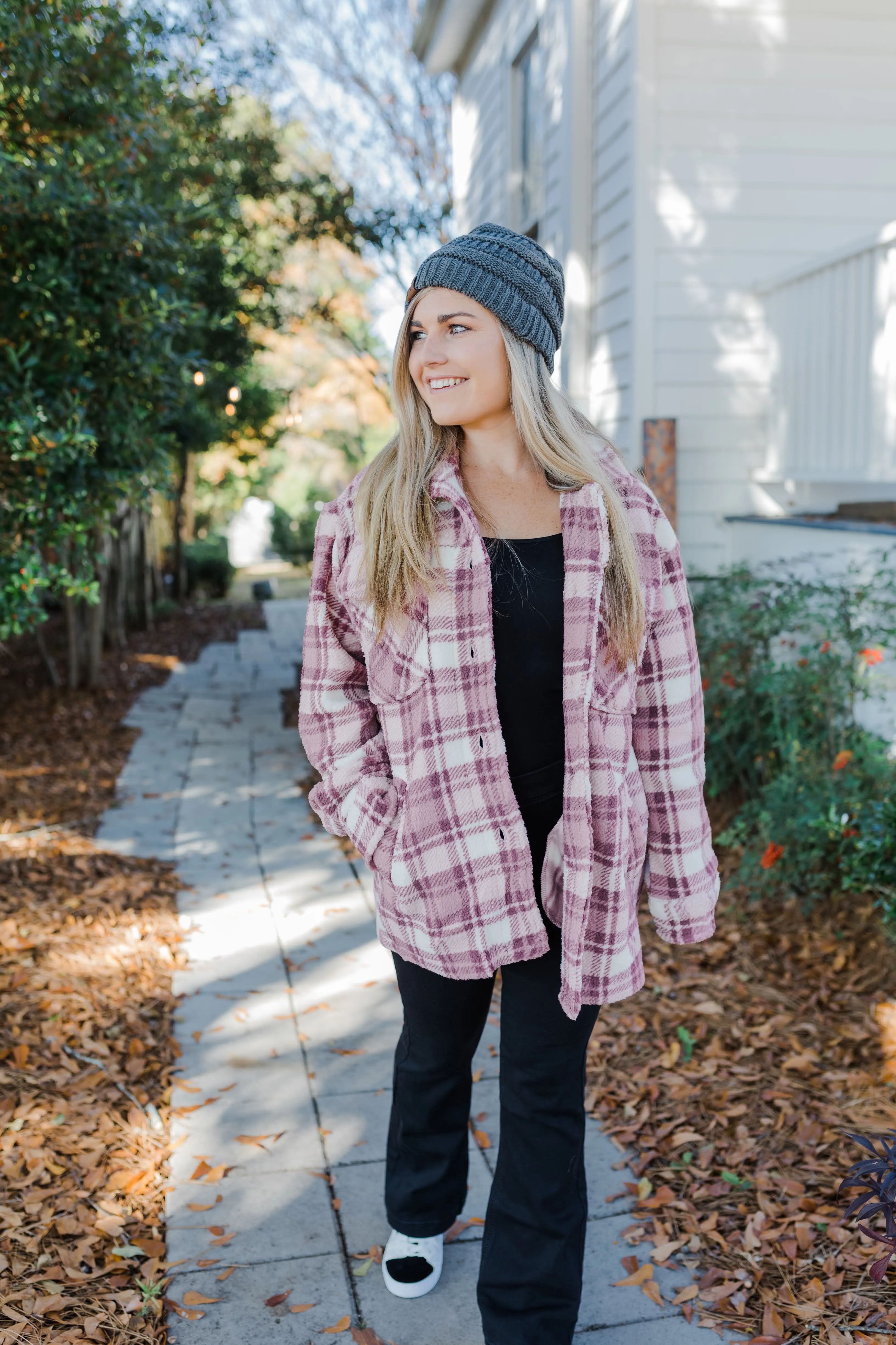 FINAL SALE Mauve Plaid Warm Fleece Like Fall Shacket