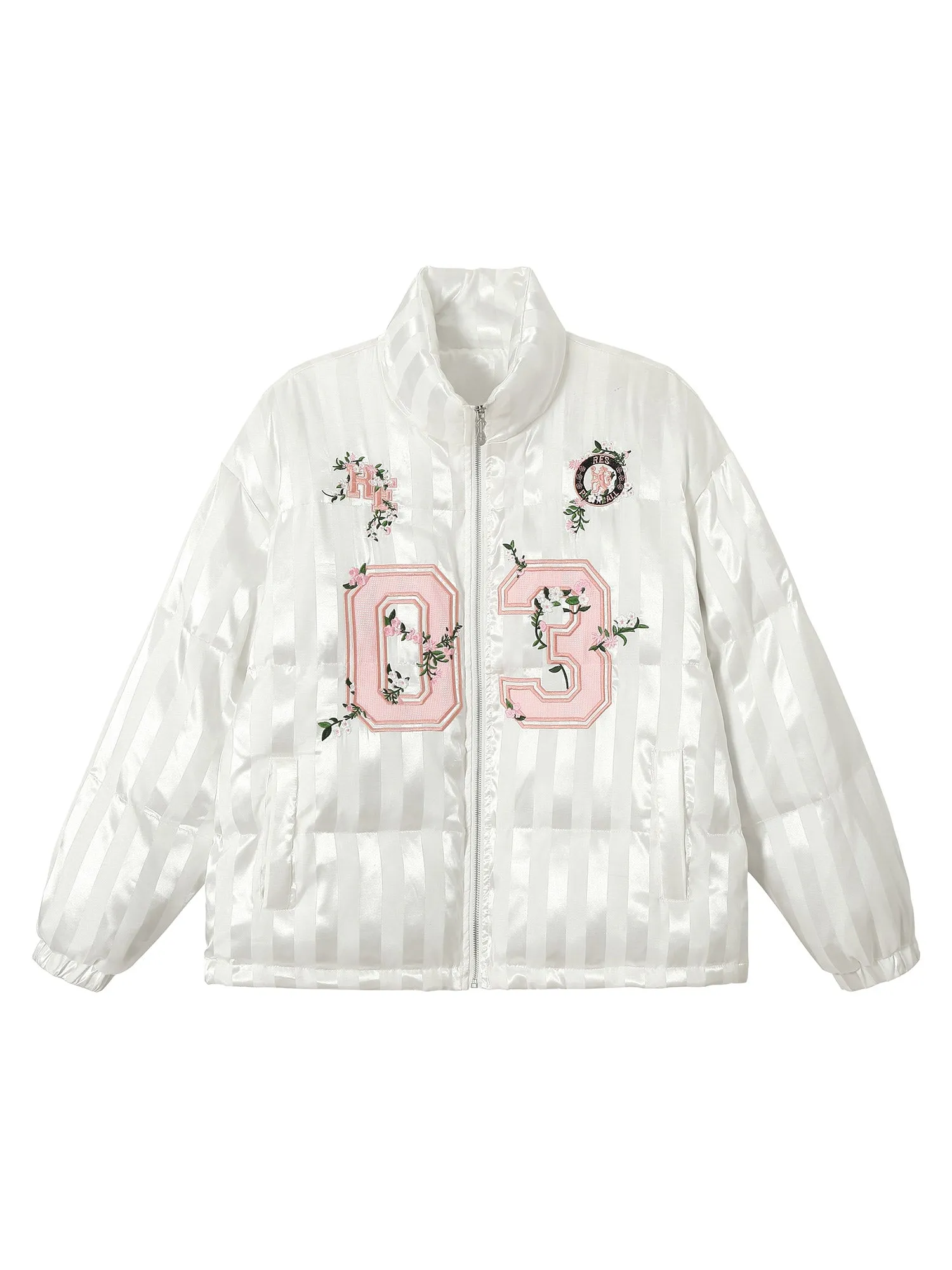 Floral Letter Embroidered Stand Collar Cotton Coat