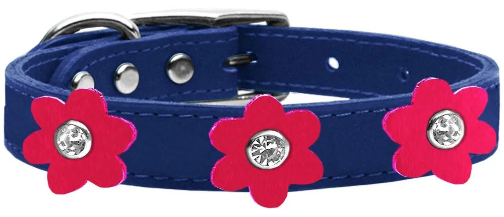 Flower Leather Collar Blue With Bright Pink Flowers Size 20