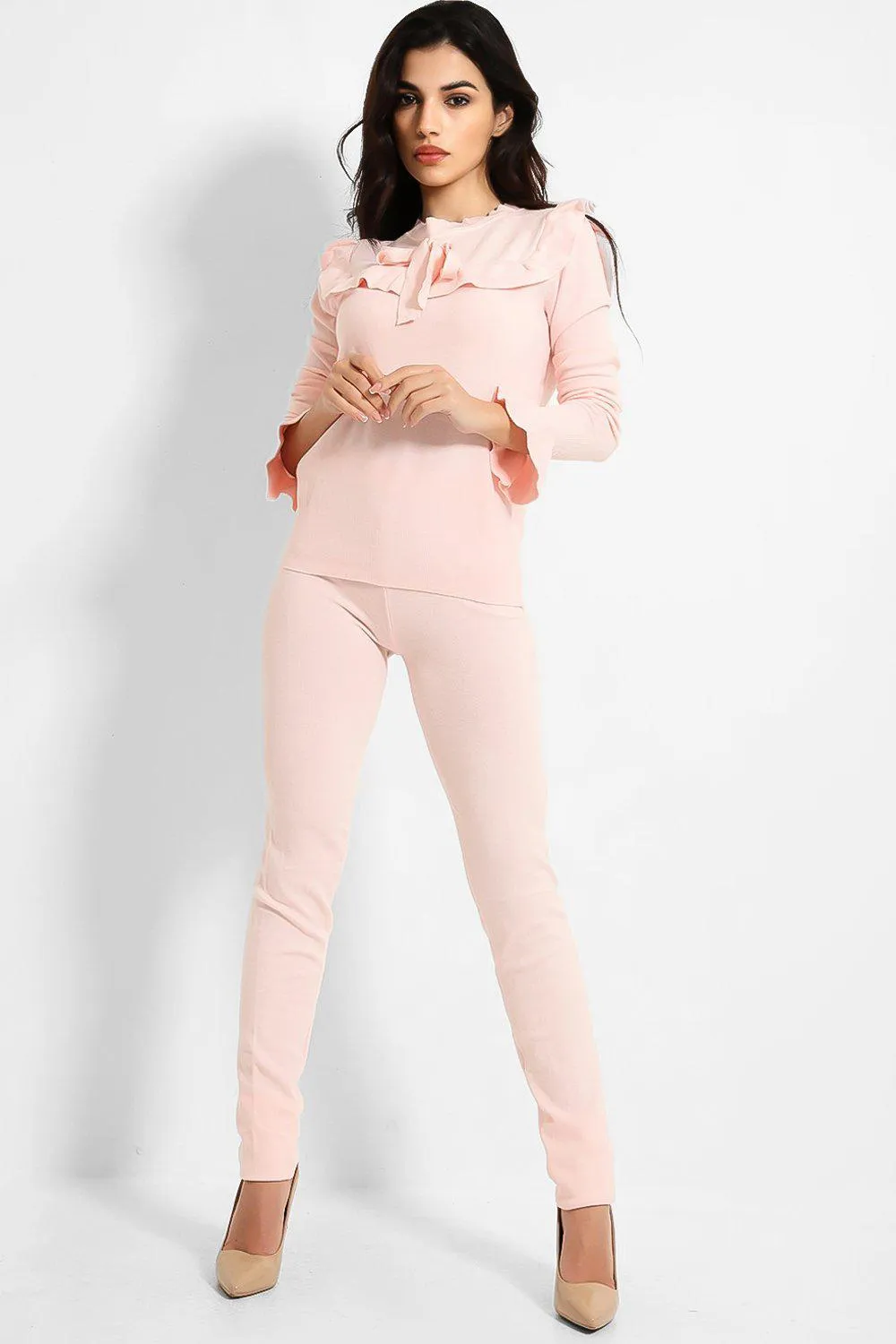 FRILL BOW NECKLINE JUMPER & TROUSERS KNIT PALE PINK LOUNGE SET