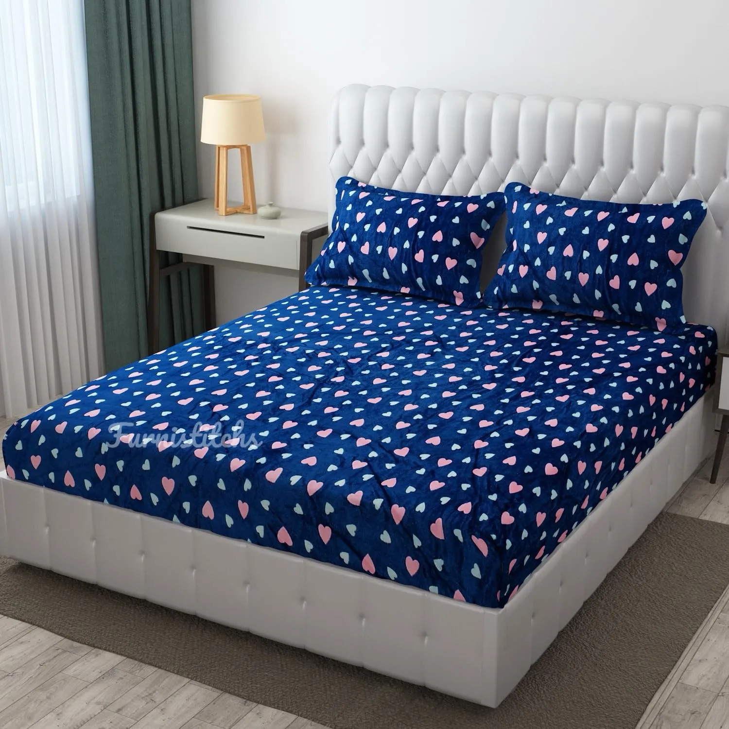 Furnistitchs Velvet Warm Winter Print Flannel Elastic Fitted Bedsheets for Double Bed King Size 90x100 inches with 2 Pillow Covers | Double Bed Warm Bedsheet with Elastic - (Blue Hearts)