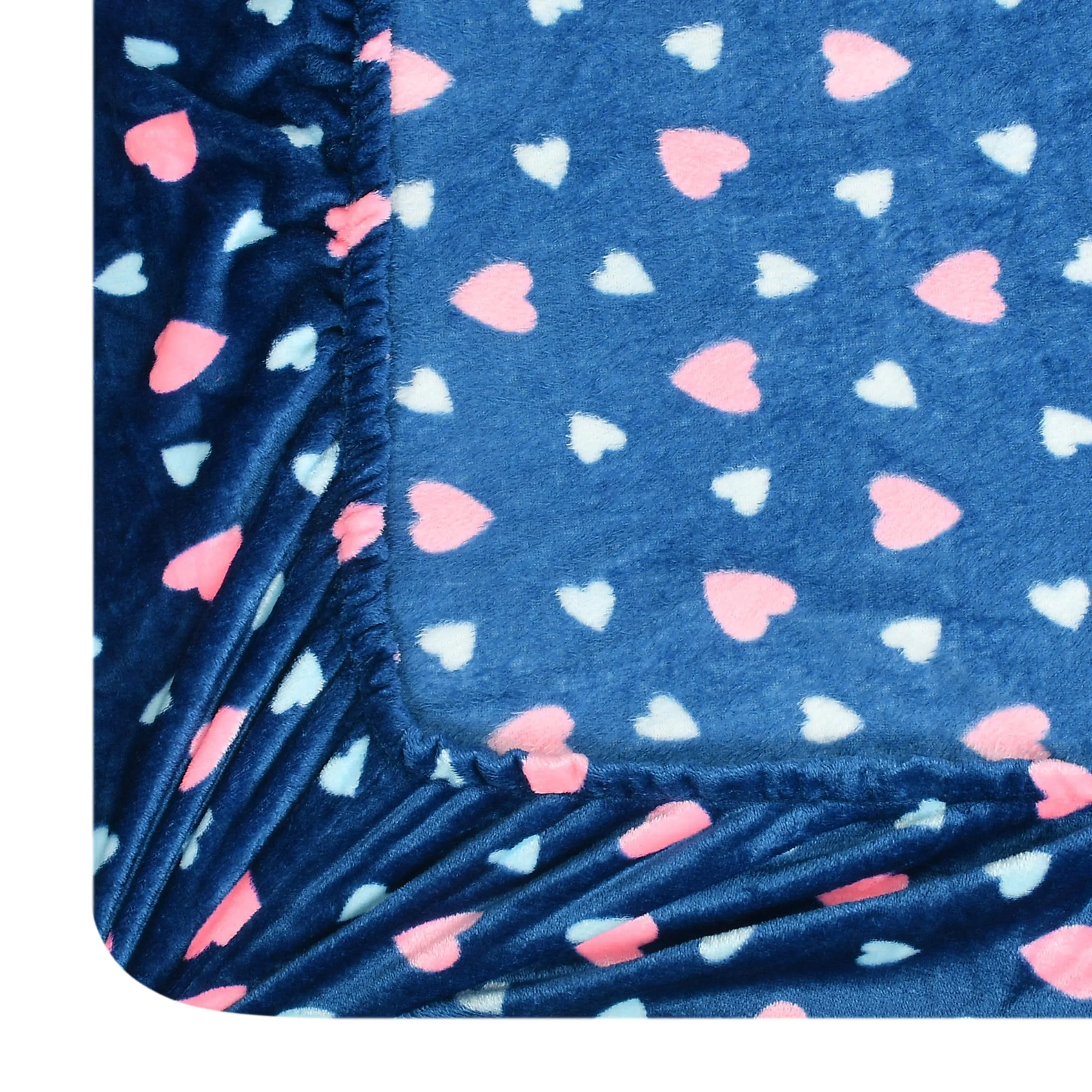 Furnistitchs Velvet Warm Winter Print Flannel Elastic Fitted Bedsheets for Double Bed King Size 90x100 inches with 2 Pillow Covers | Double Bed Warm Bedsheet with Elastic - (Blue Hearts)