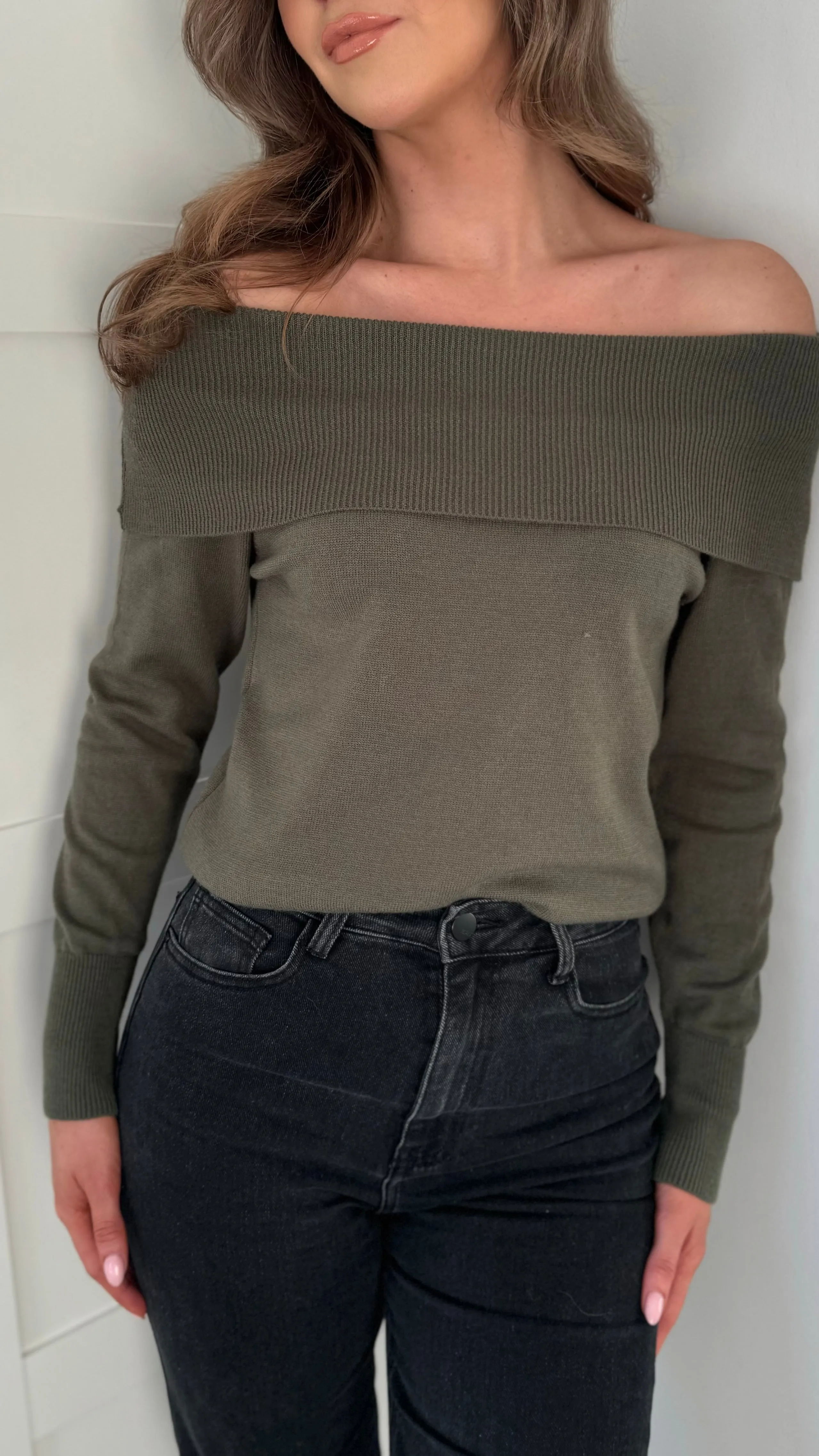 Gabi Khaki Wide Neck Knit Jumper