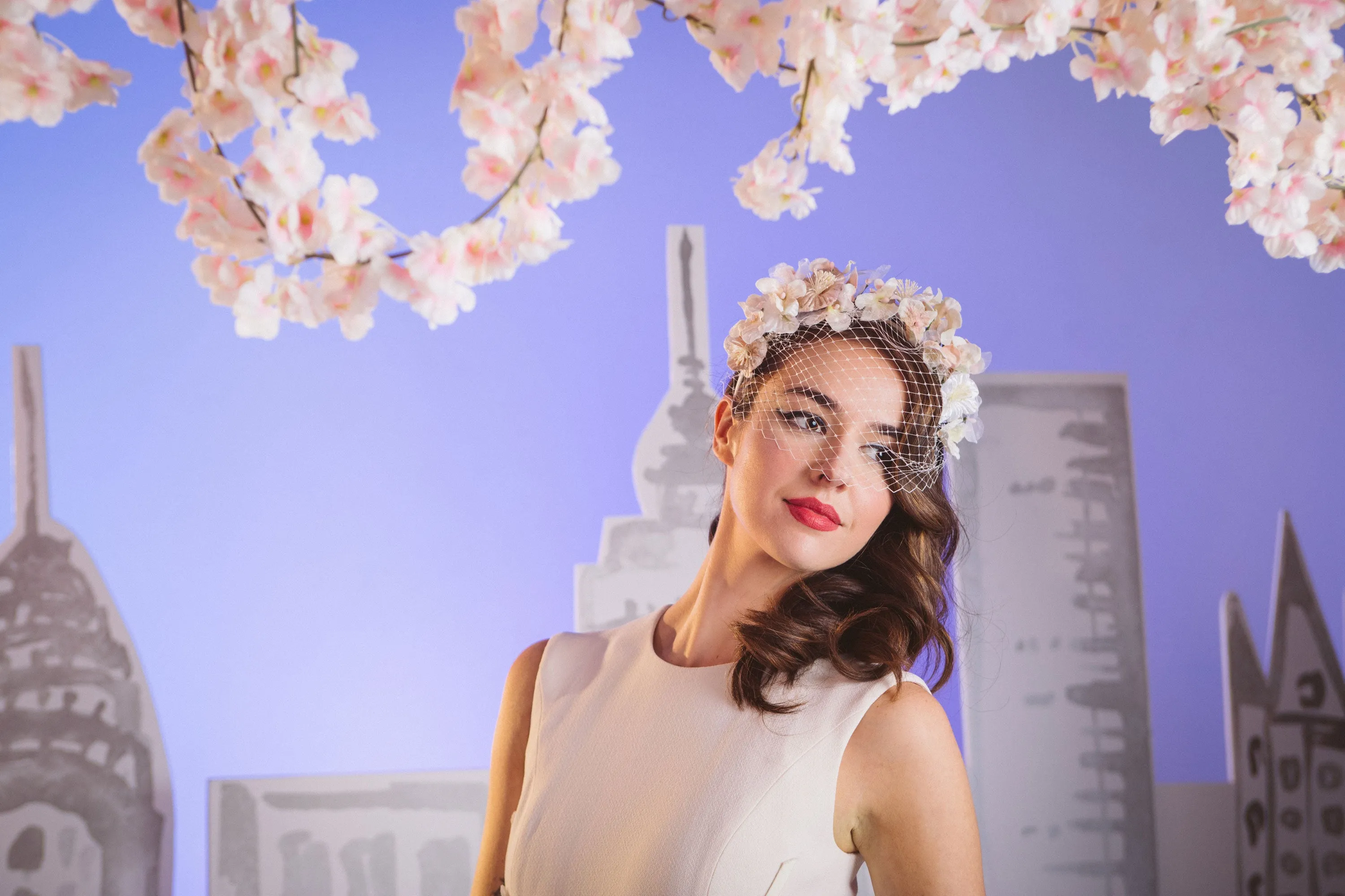 Gaia: Blush Pink Velvet Flower Headband with Birdcage Veil