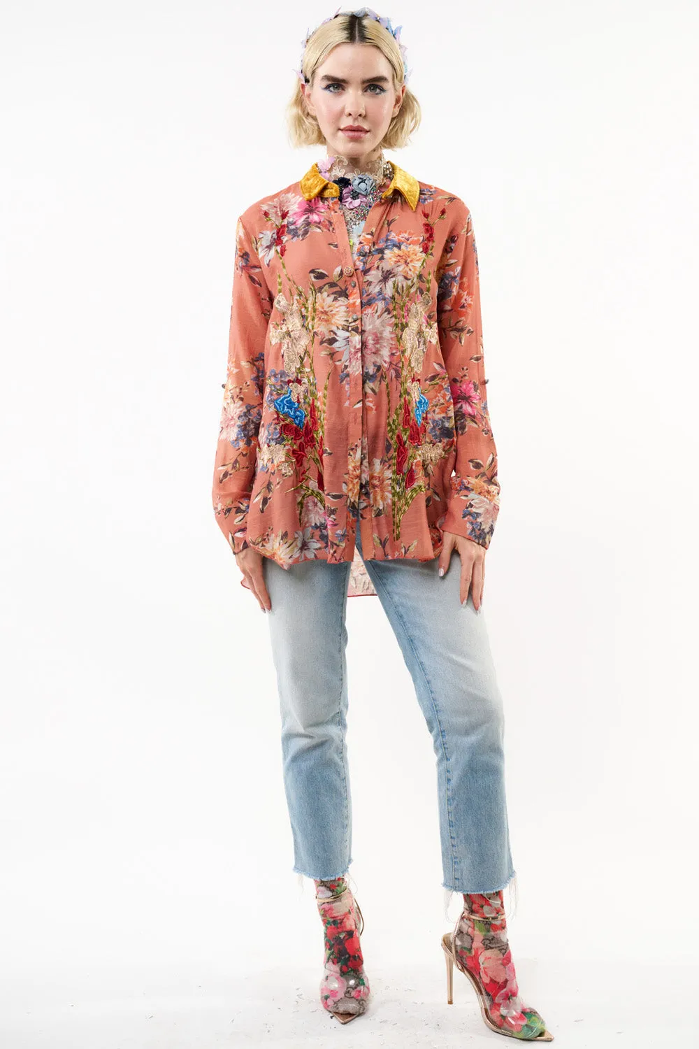 Gardenia Embroidered Shirt Rust