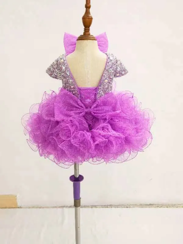 Glitzy Beaded Bodice Baby Girl Purple Cupcake Pageant Dress