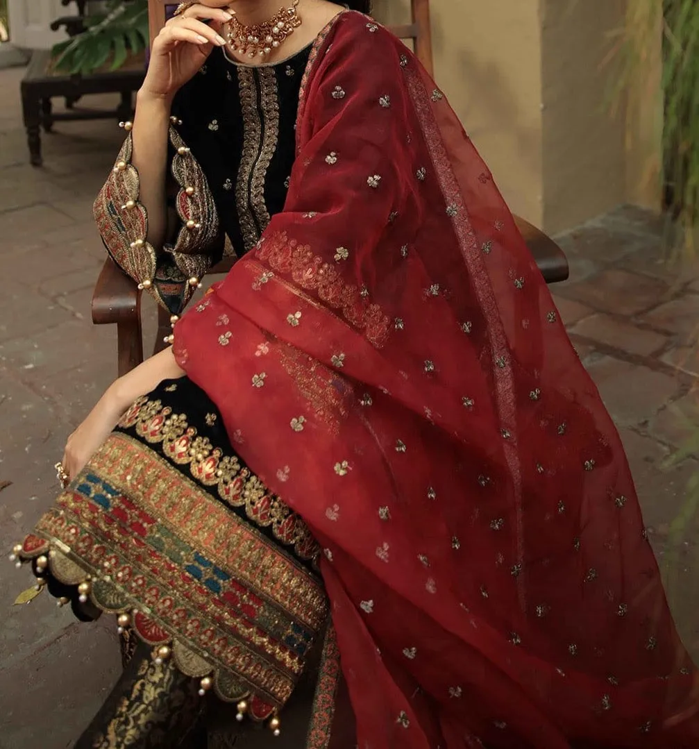 Grace A57- Embroidered 3pc velvet dress with embroidered organza dupatta