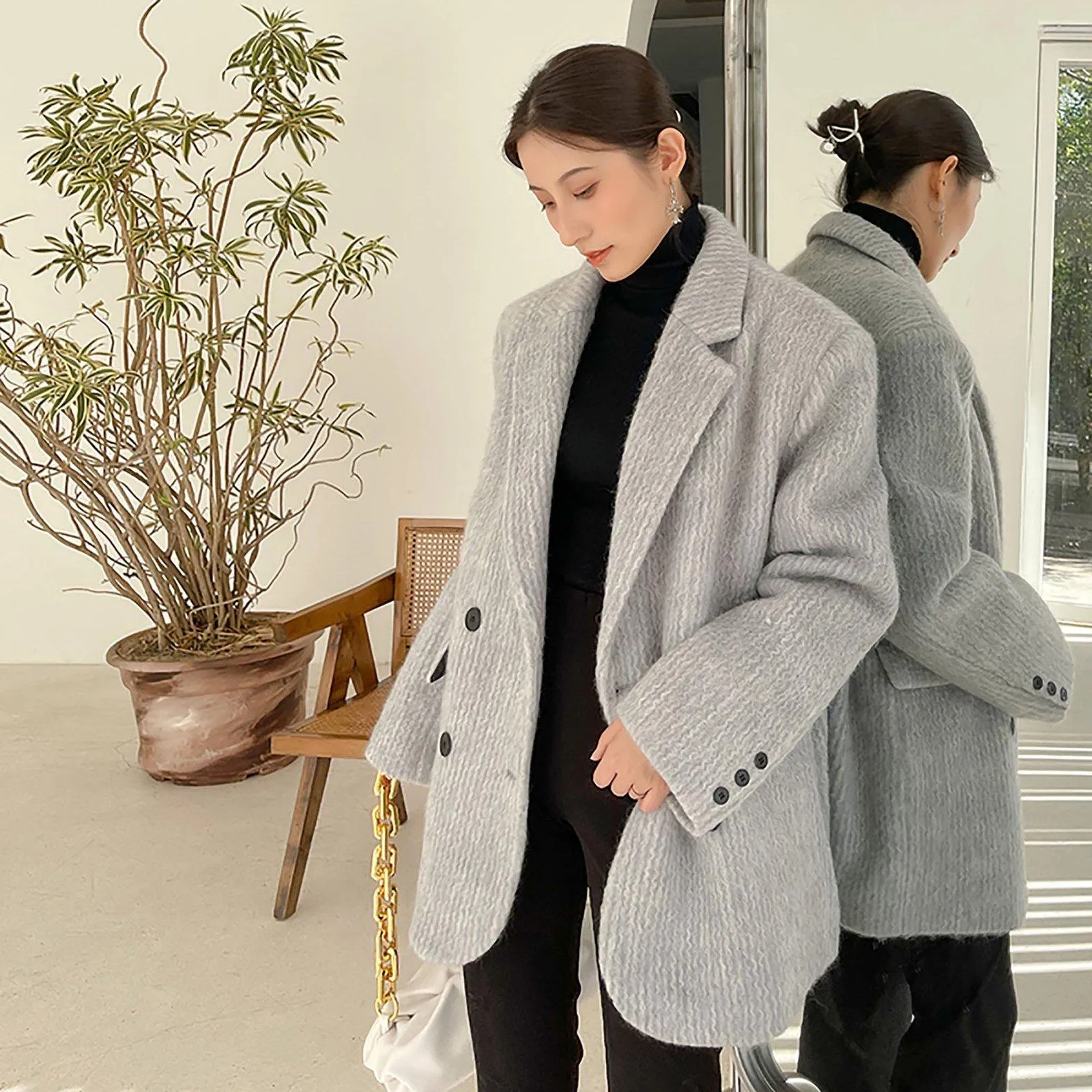 Gray Wool Coat,Oversize Wool Blazer Suit,Winter Wool Suit