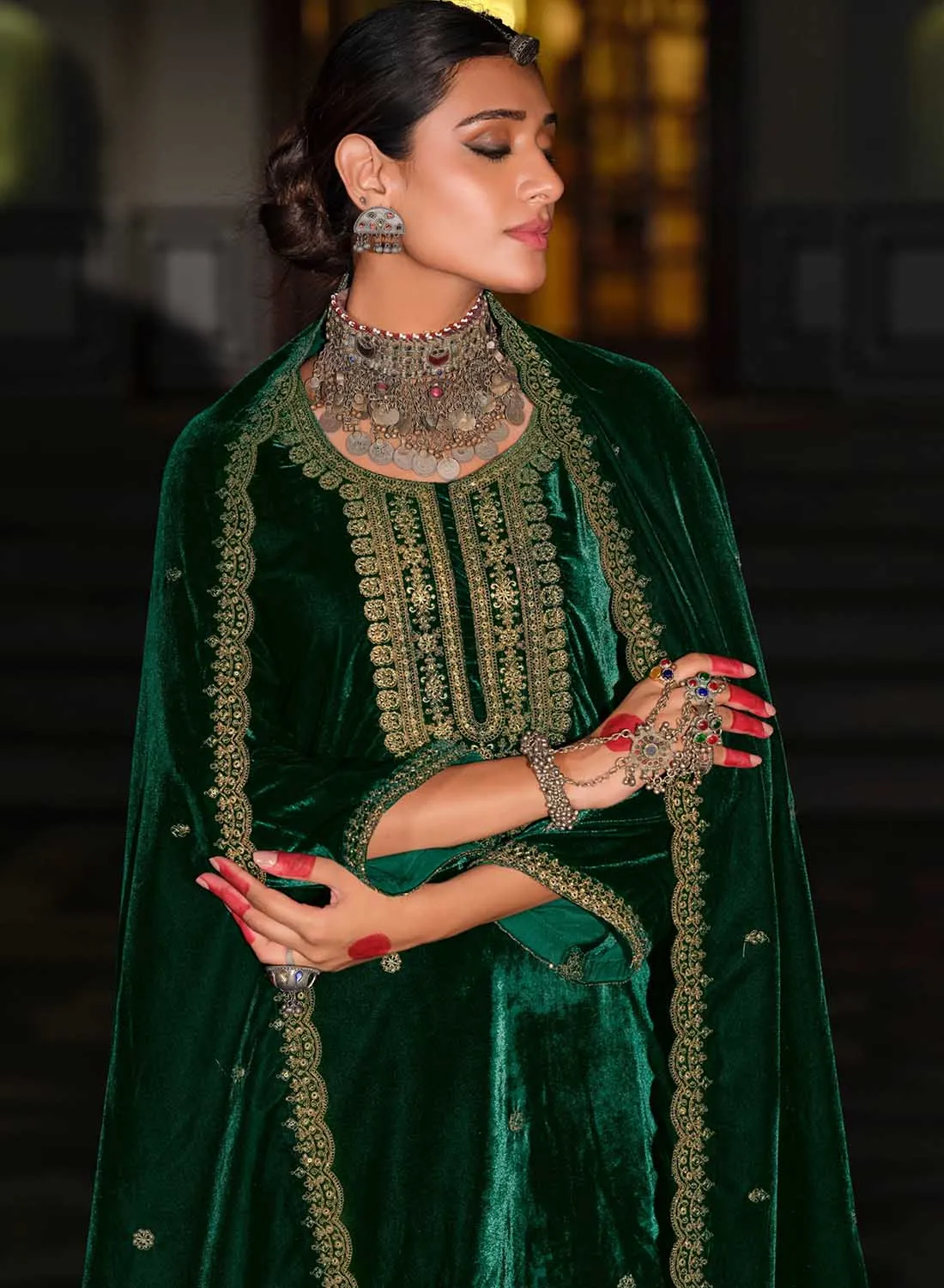 Green Party Wear Unstitched Winter Velvet Salwar Suit Material for Women