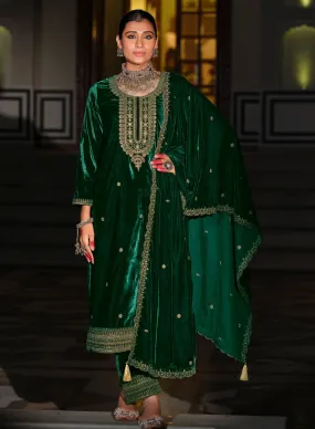 Green Party Wear Unstitched Winter Velvet Salwar Suit Material for Women