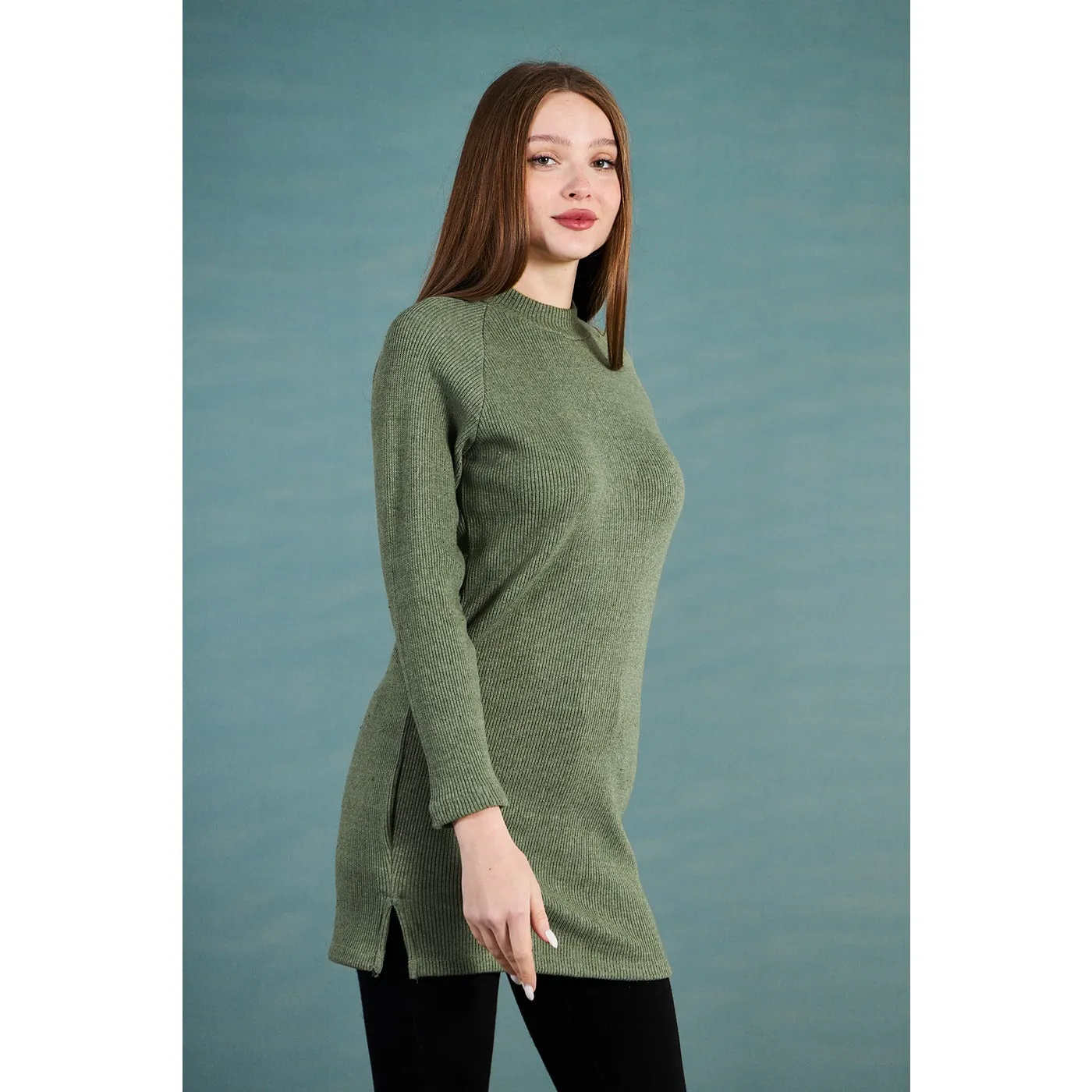 Green Ribbed Long Sweatshirt