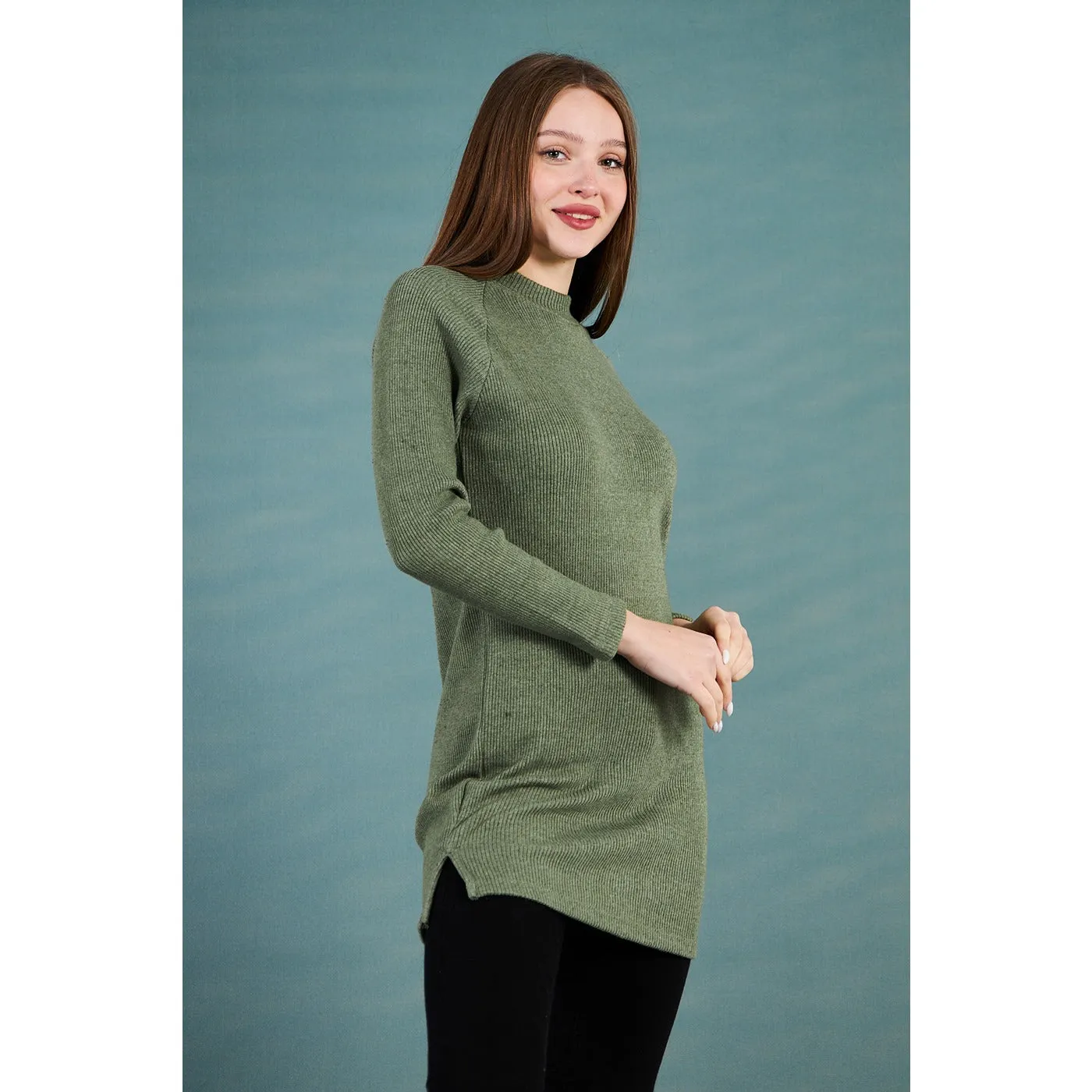 Green Ribbed Long Sweatshirt