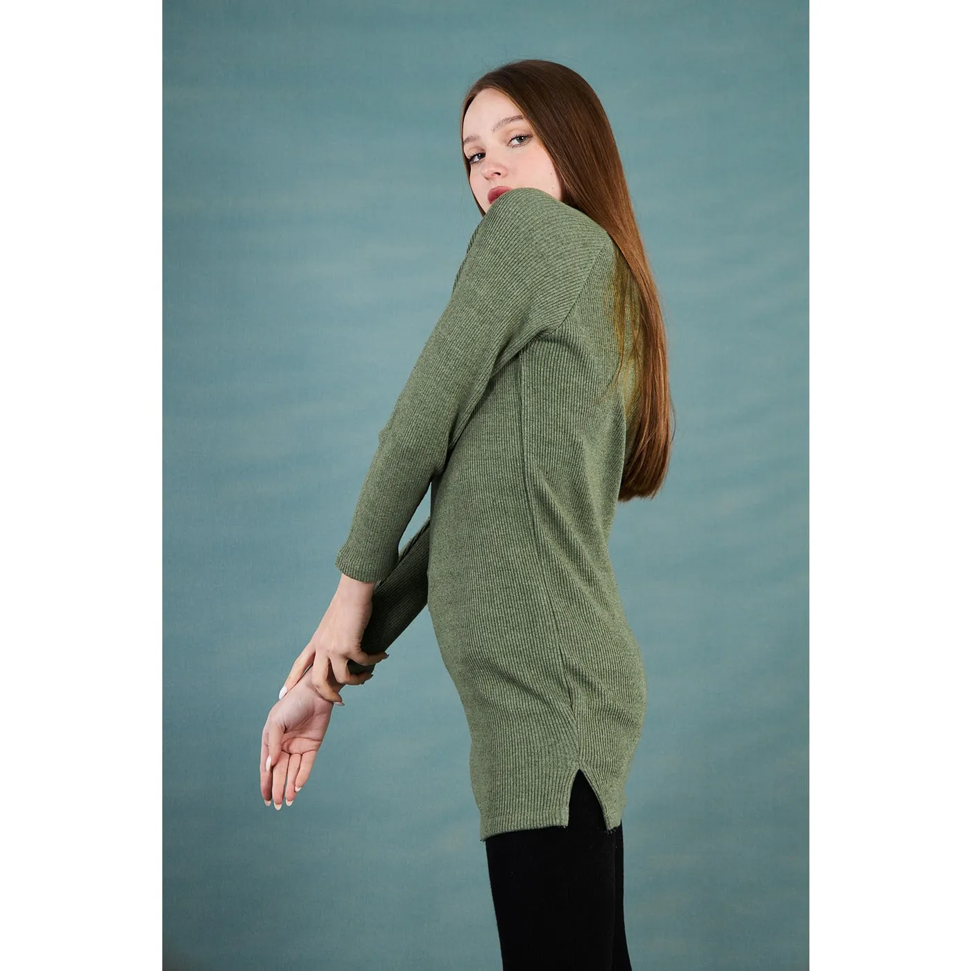 Green Ribbed Long Sweatshirt