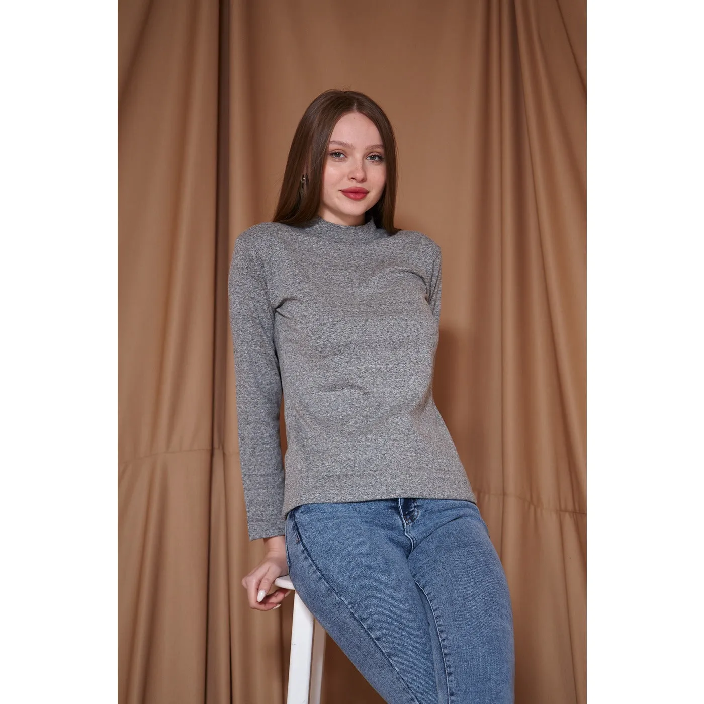 Grey Melange Mock Neck Sweatshirt