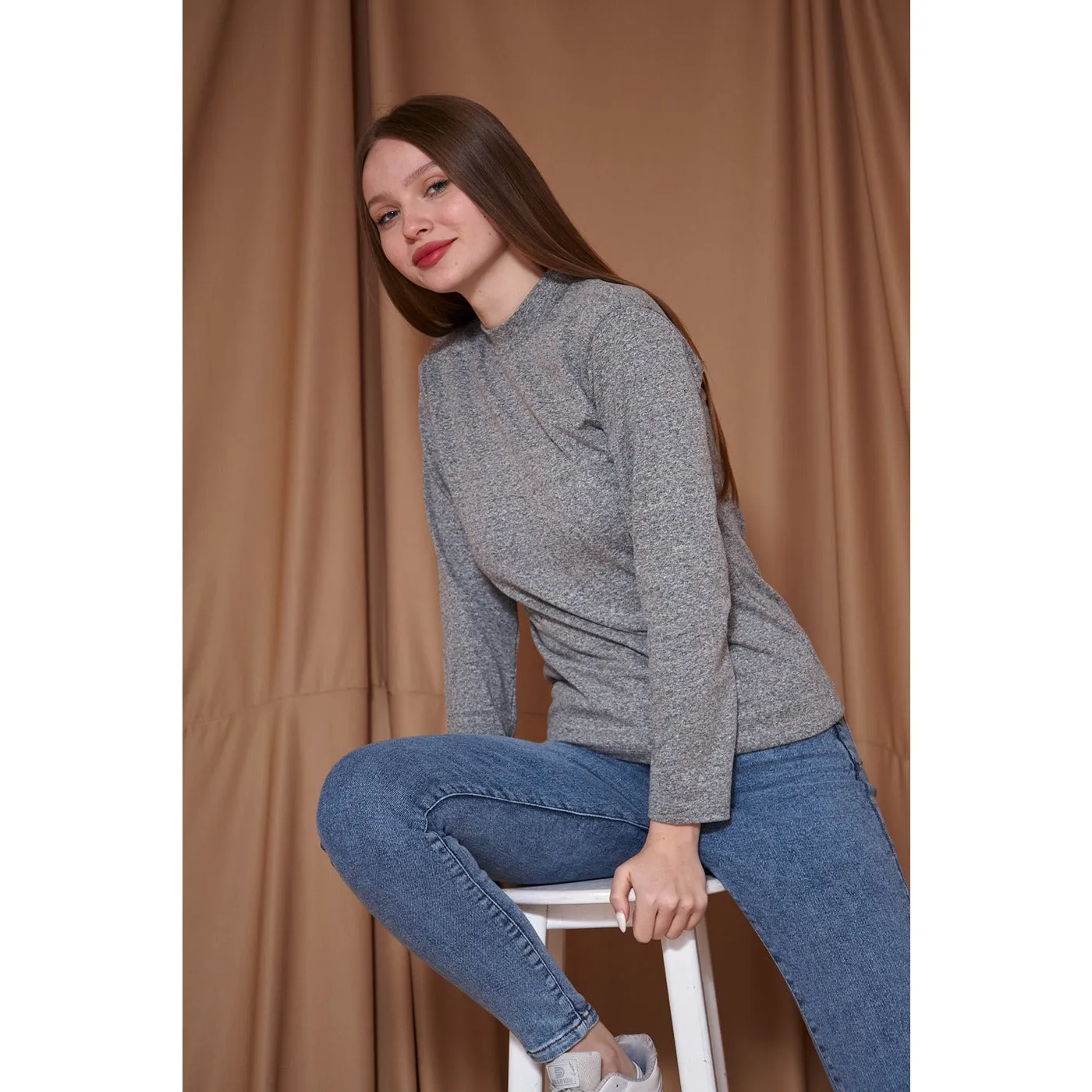 Grey Melange Mock Neck Sweatshirt