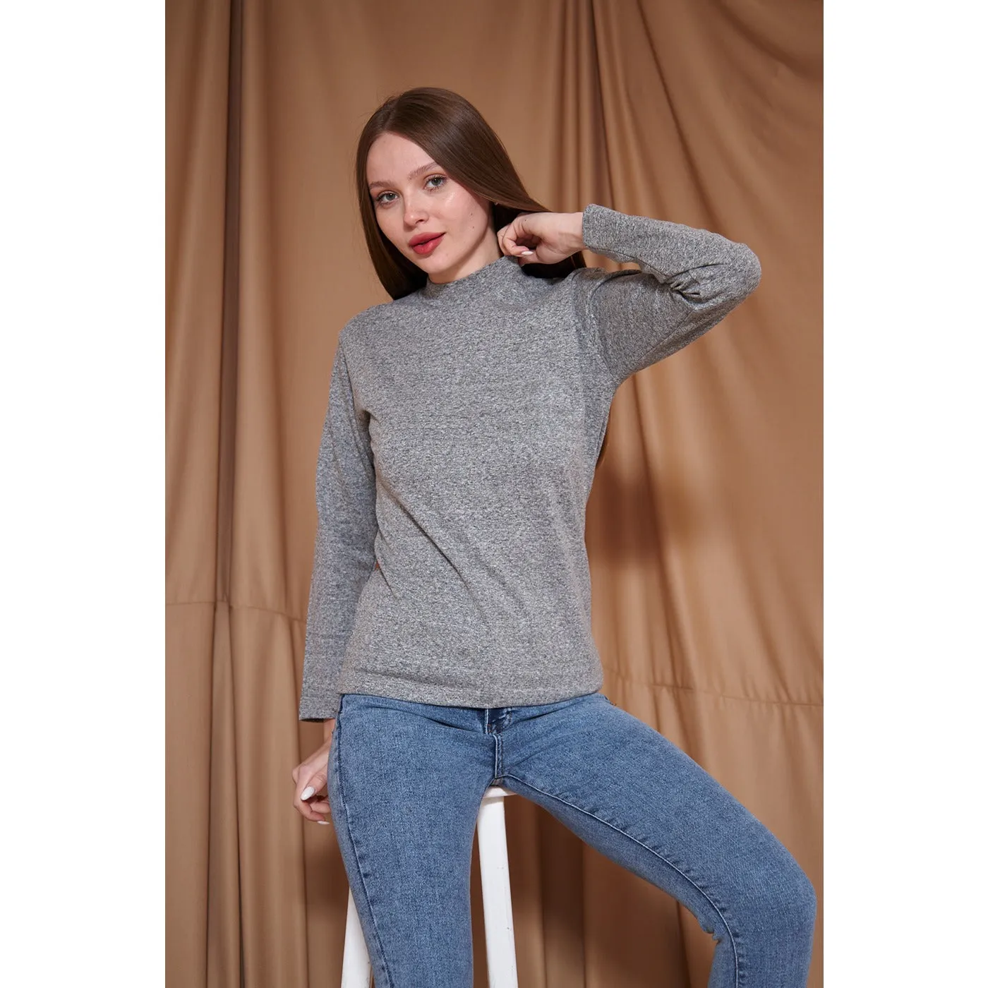 Grey Melange Mock Neck Sweatshirt