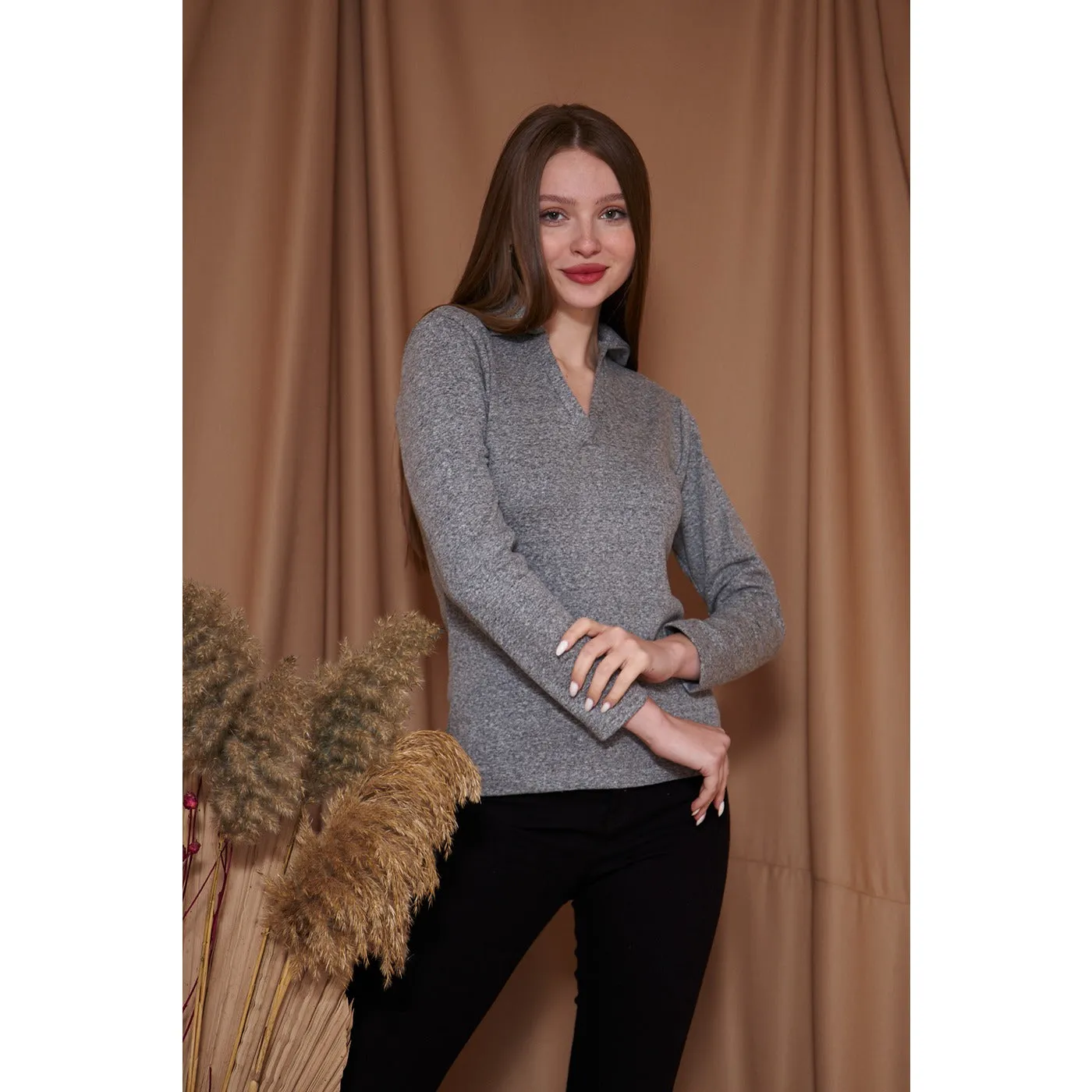 Grey Melange Polo Sweatshirt