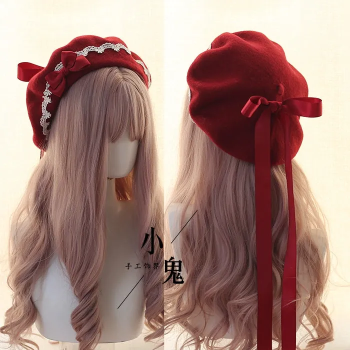 Handmade Woolen Beret for Women - Sweet Heart Lace Bow Design