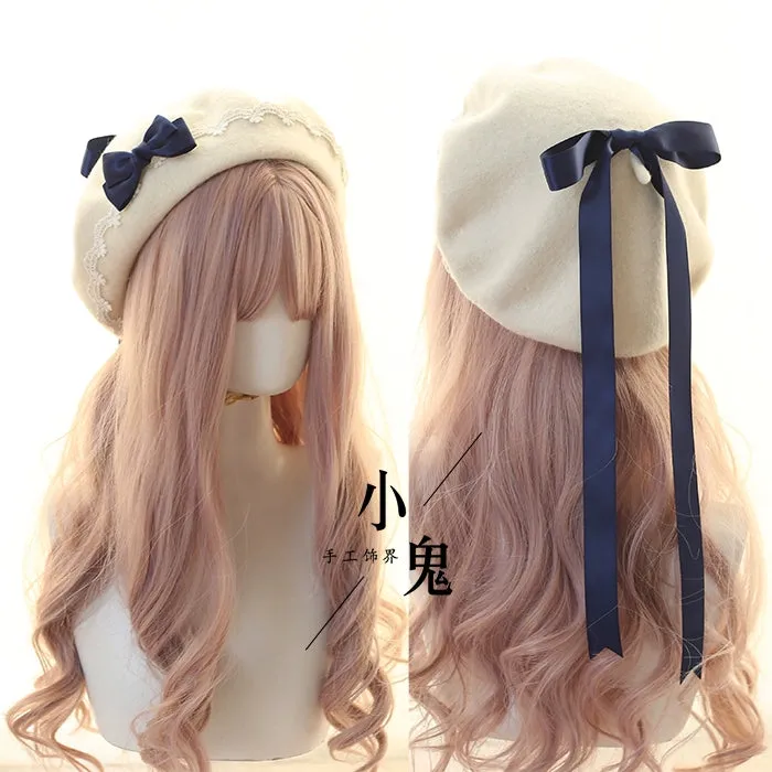 Handmade Woolen Beret for Women - Sweet Heart Lace Bow Design