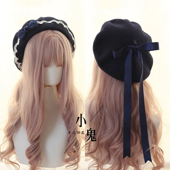 Handmade Woolen Beret for Women - Sweet Heart Lace Bow Design