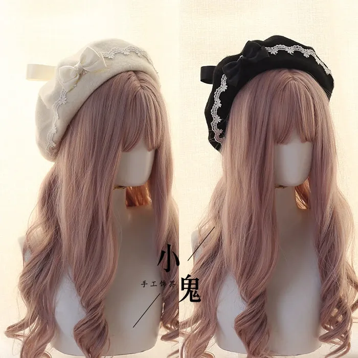 Handmade Woolen Beret for Women - Sweet Heart Lace Bow Design