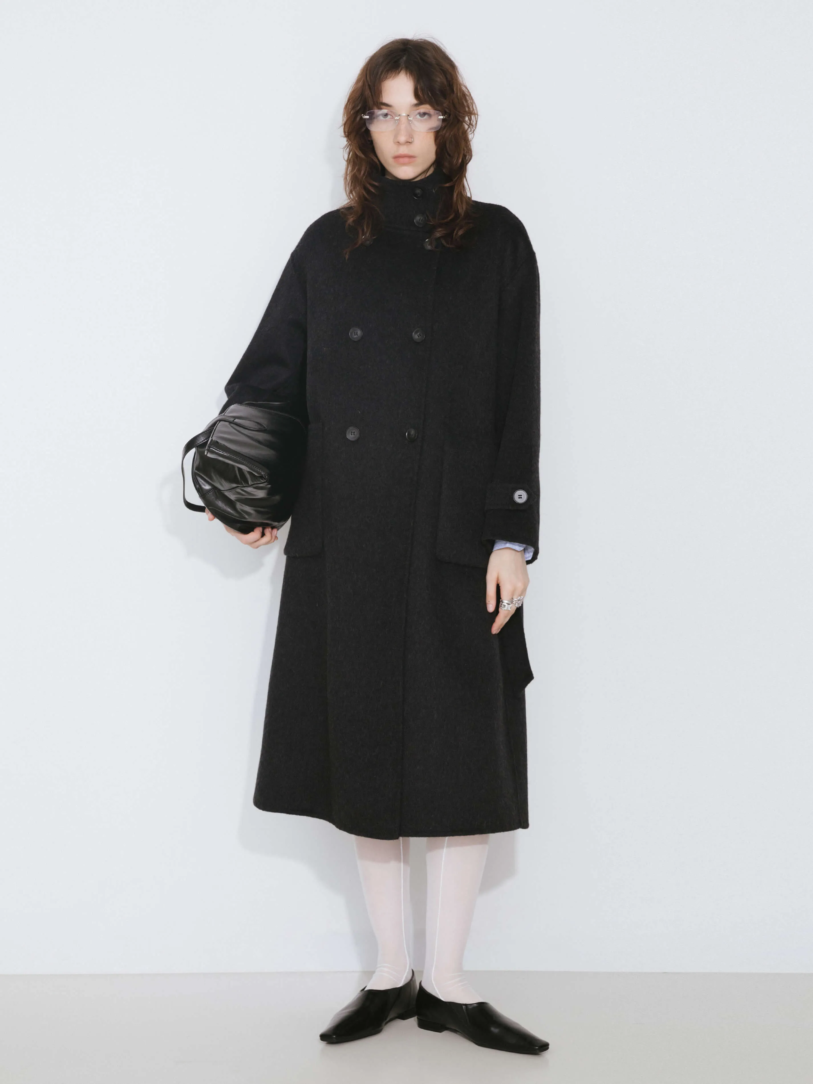 High Collar Tailored Wool Long Coat