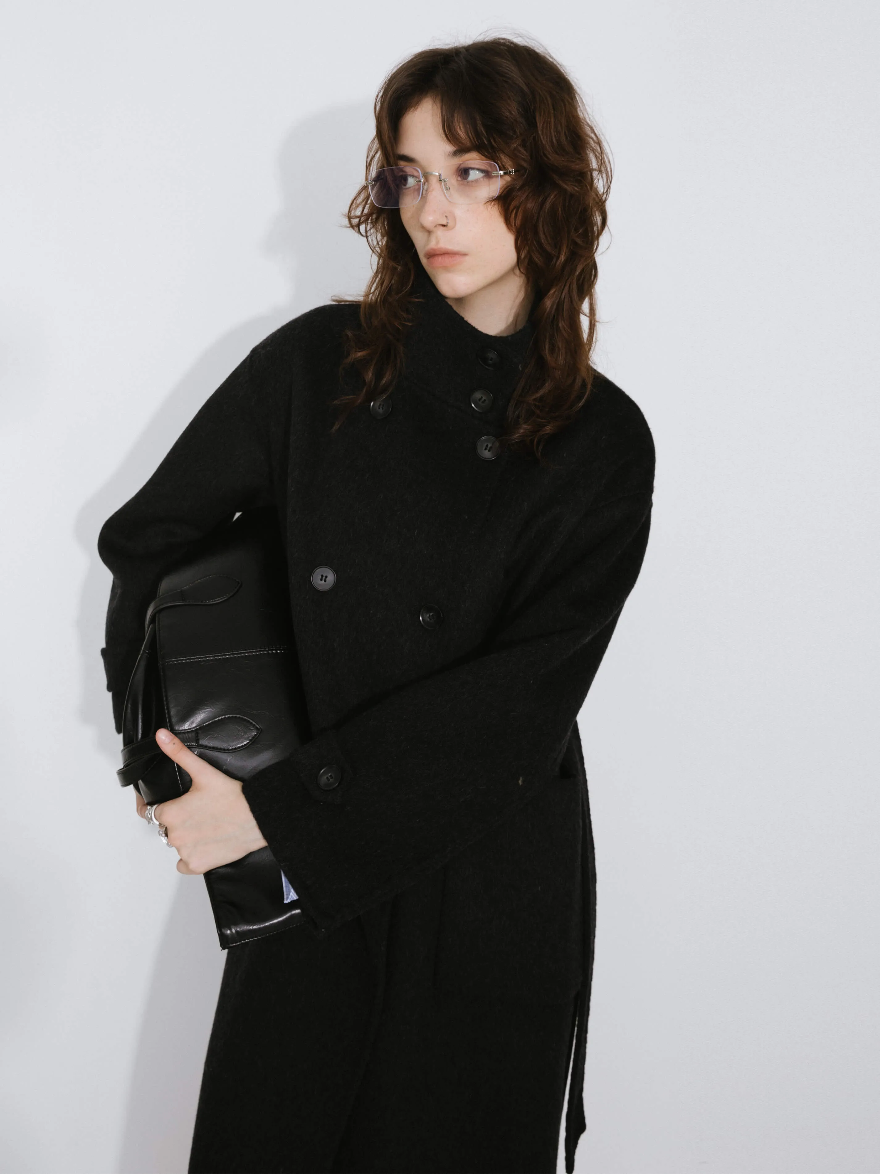 High Collar Tailored Wool Long Coat