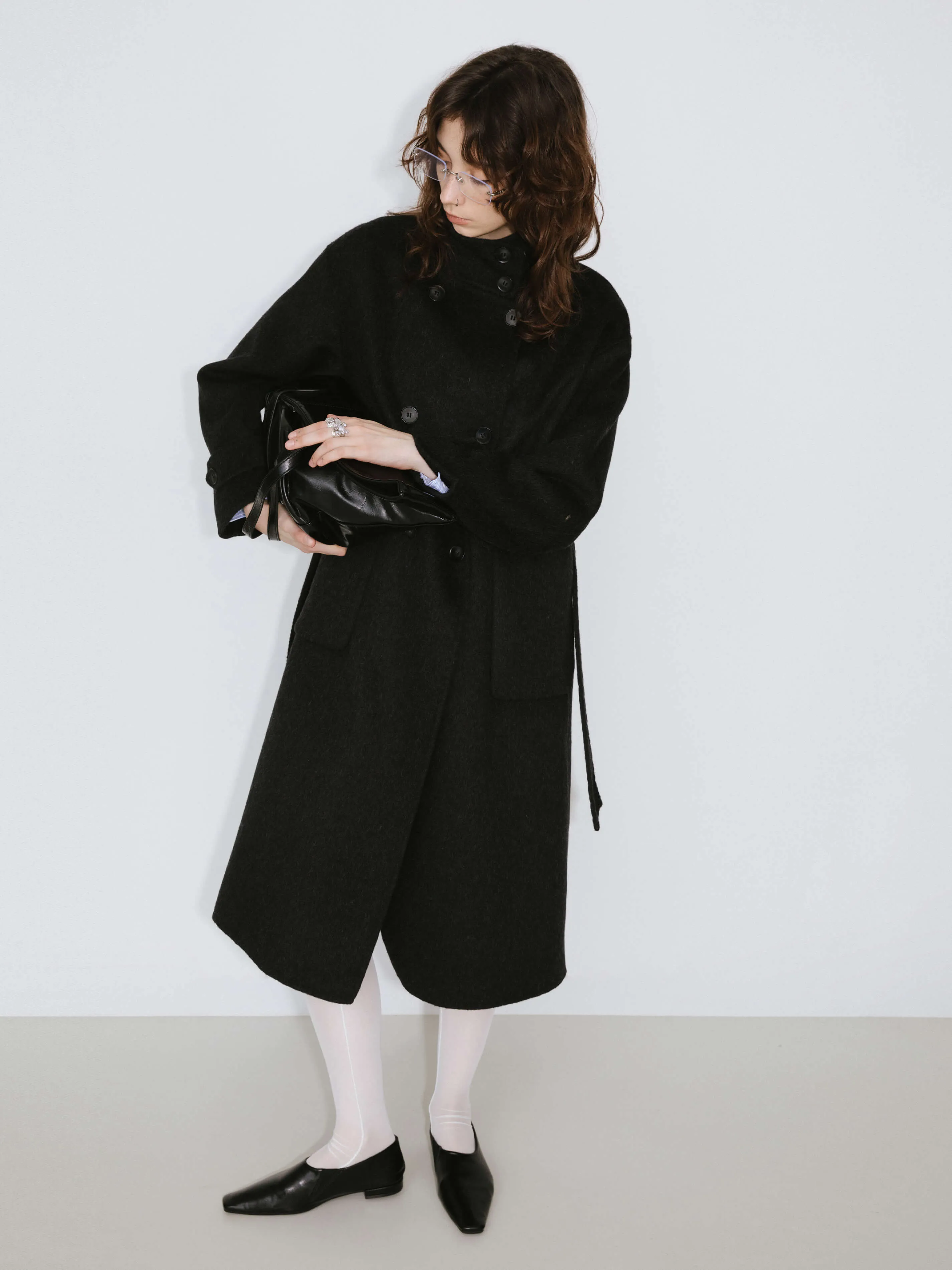 High Collar Tailored Wool Long Coat