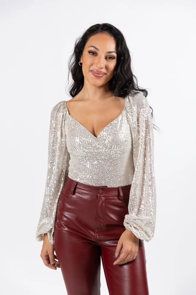 Holiday Toast Champagne Puff Sleeve Sequin Bodysuit