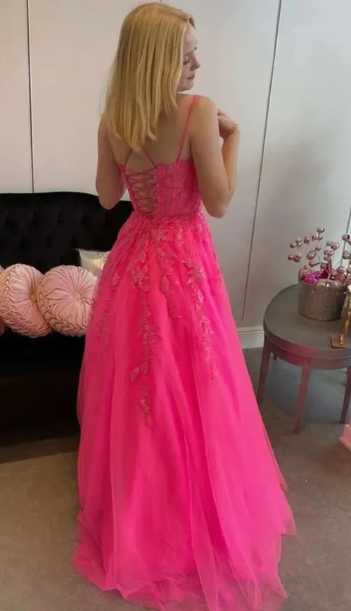 Hot Pink A Line Tulle Lace Appliques Long Prom Dress, Gorgeous Formal Gown    fg1463