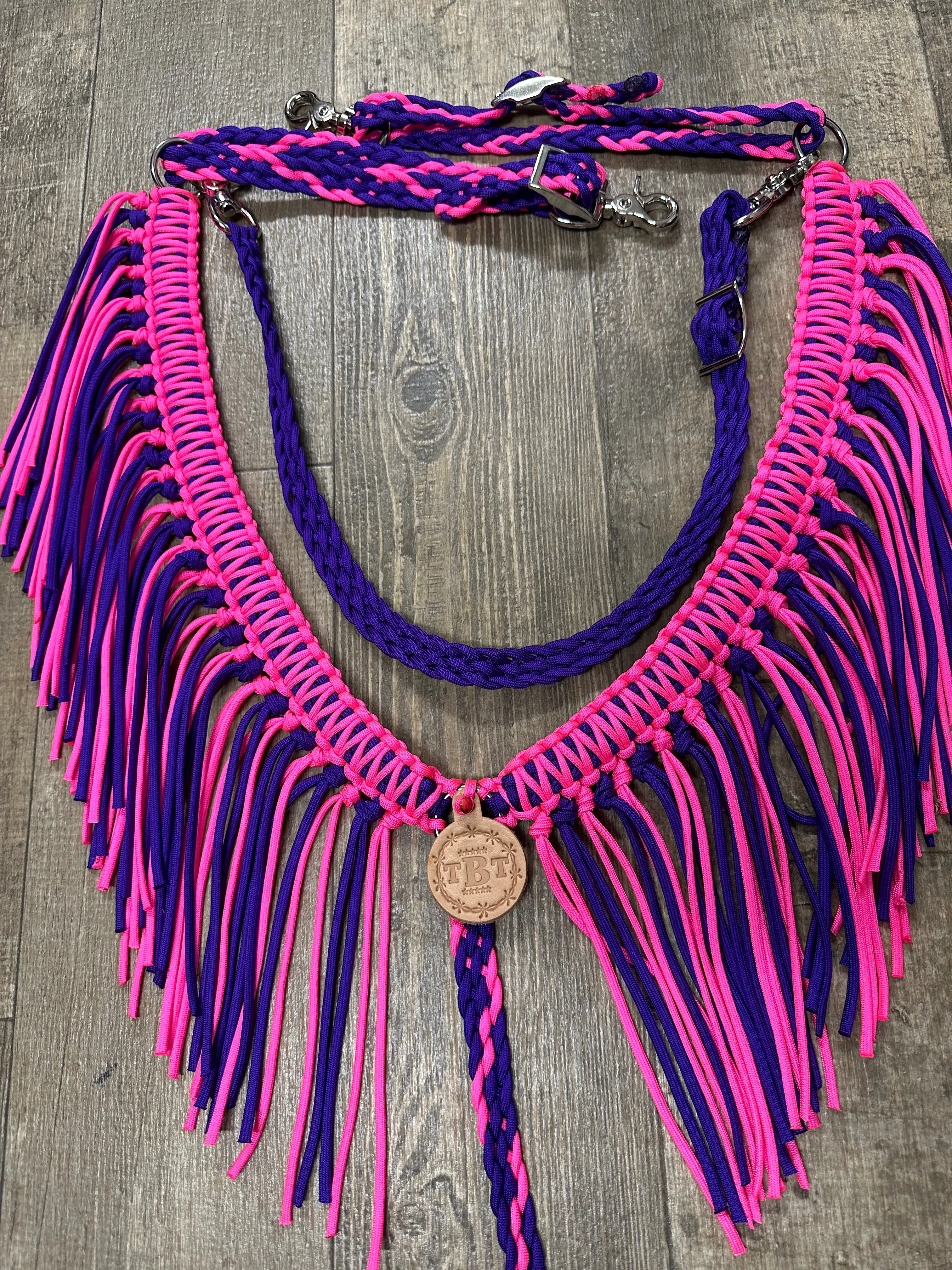 Hot Pink and Purple fringe breast collar with  wither strap