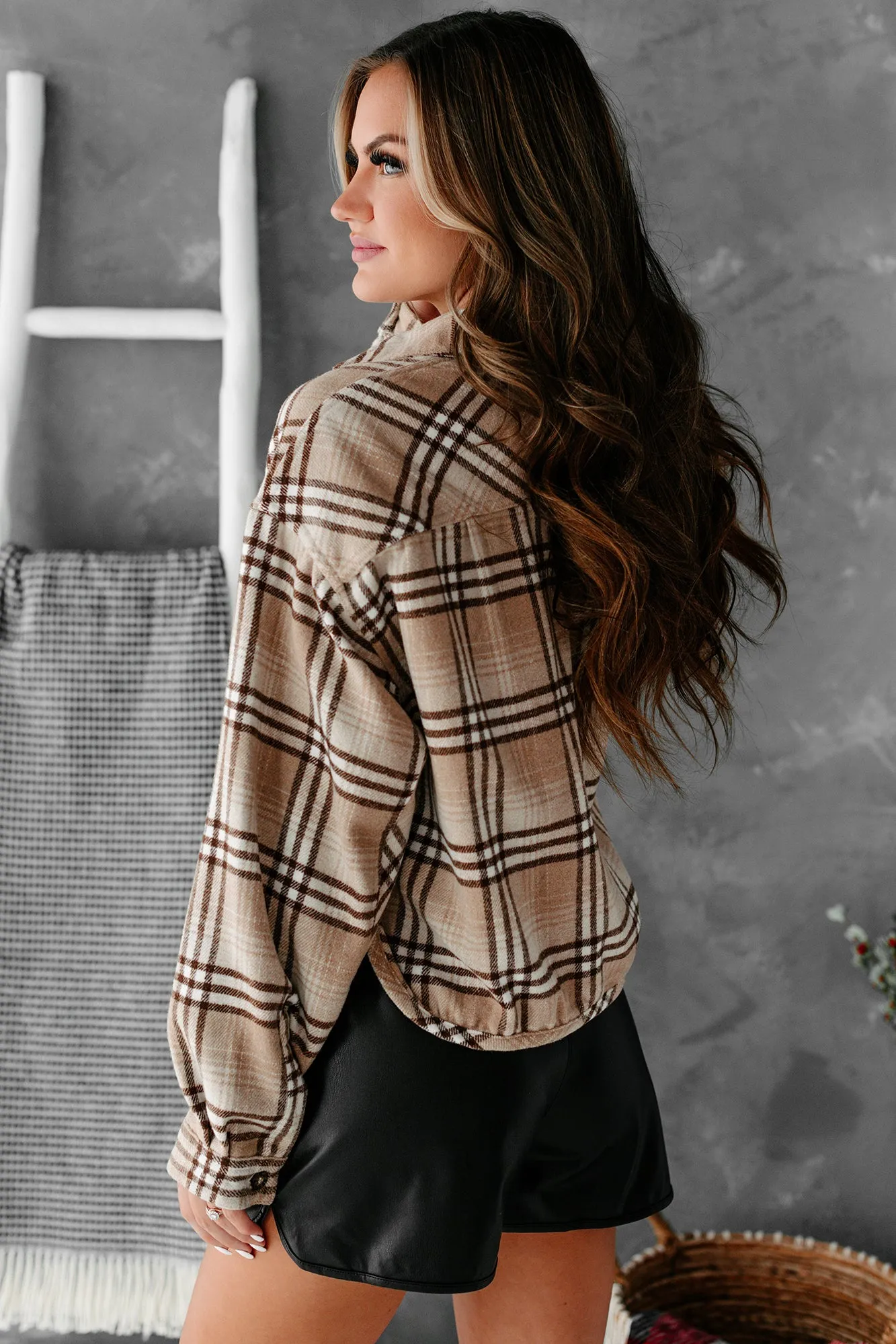 In The Woods Cropped Plaid Shacket (Taupe/Brown)