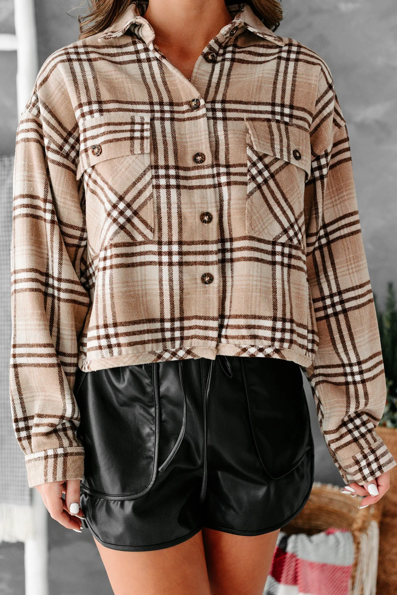 In The Woods Cropped Plaid Shacket (Taupe/Brown)