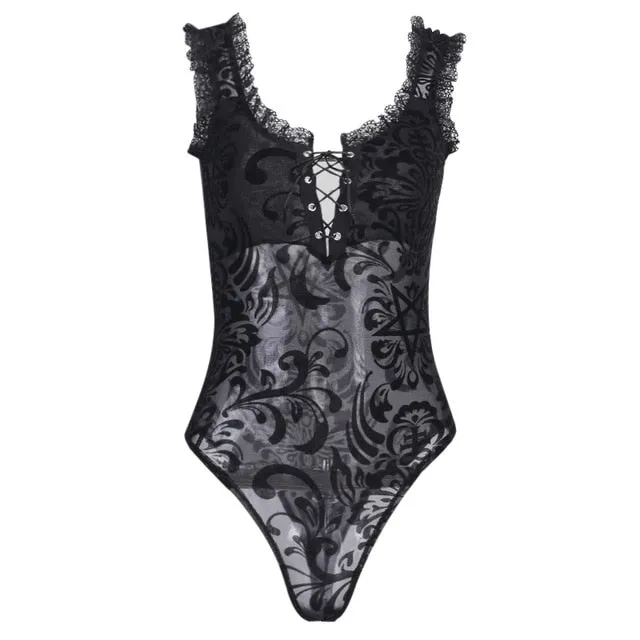 InsGoth Sexy Lace Bodycon Bodysuit Gothic Streetwear Mesh