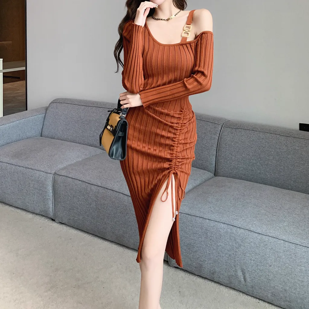 Irregular Drawstring Slim One Shoulder Knitted Dress