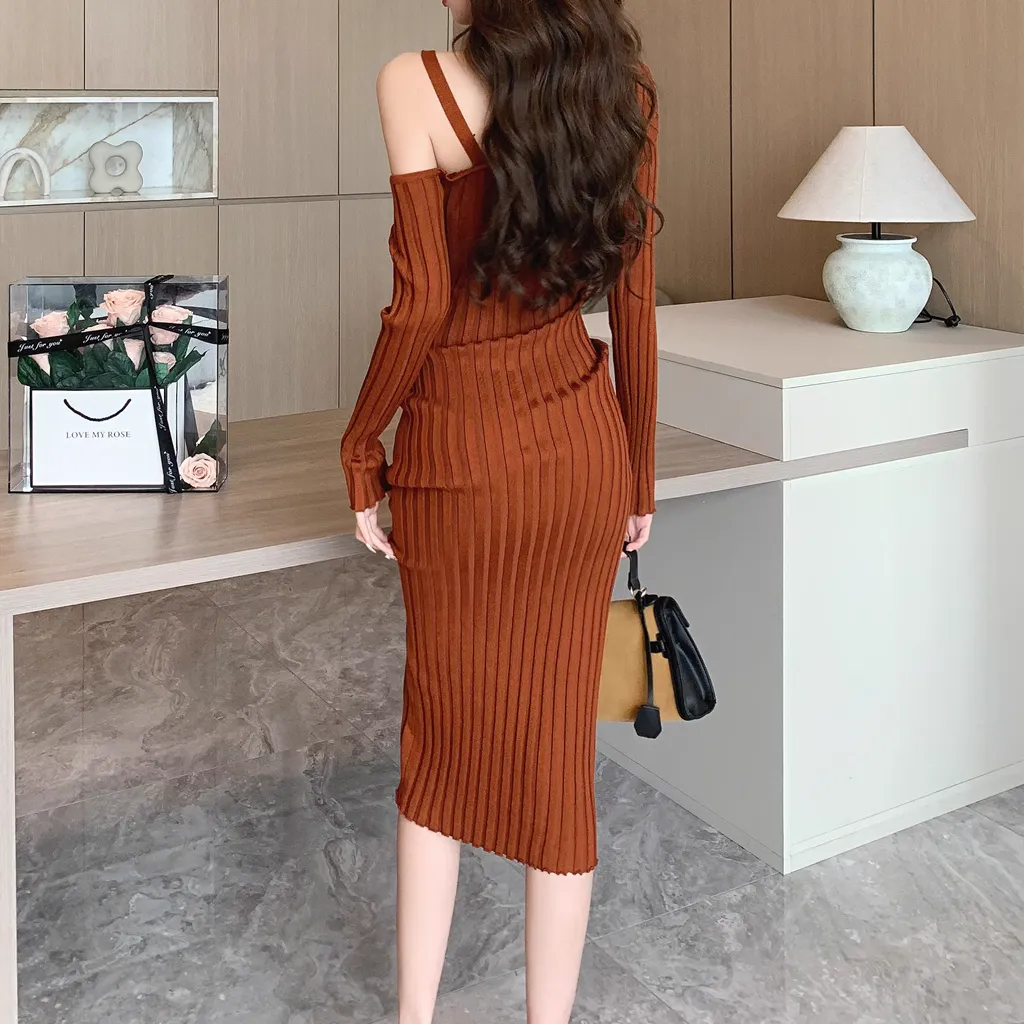 Irregular Drawstring Slim One Shoulder Knitted Dress