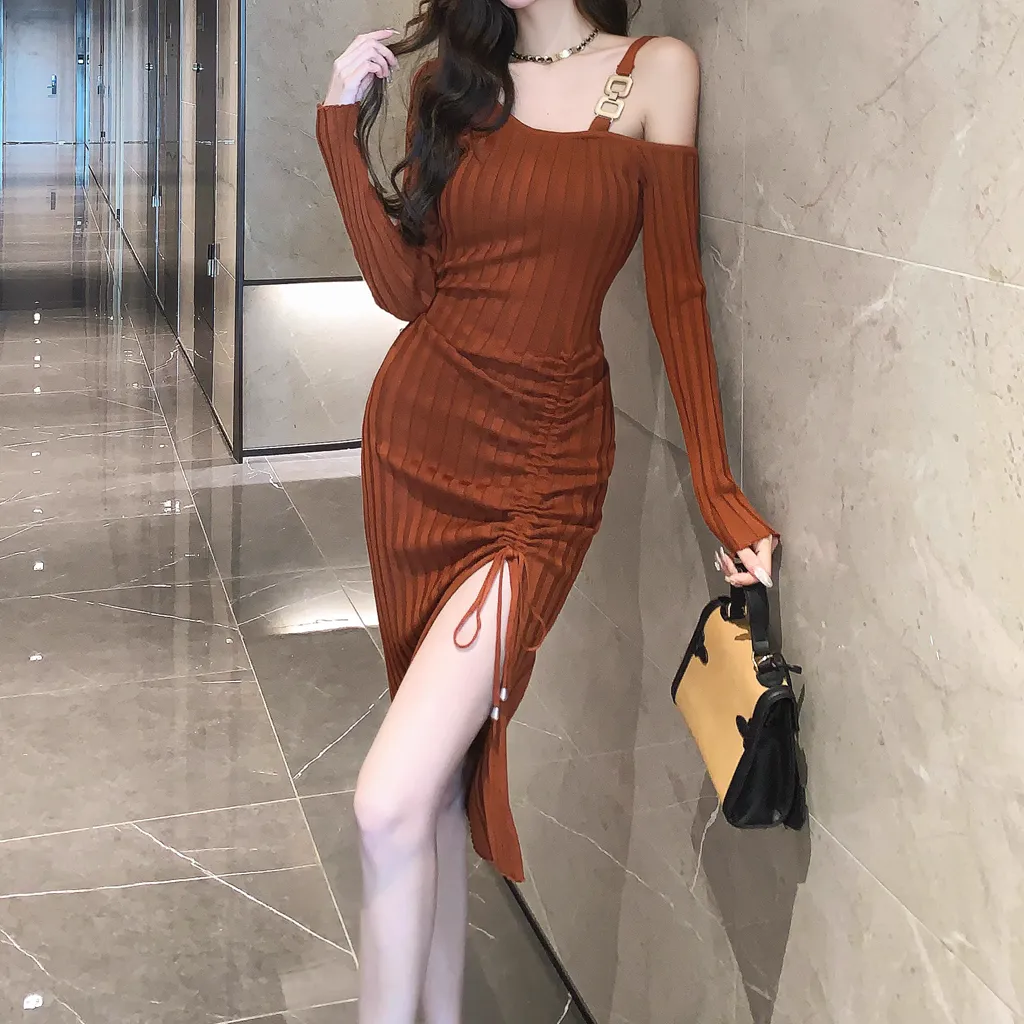 Irregular Drawstring Slim One Shoulder Knitted Dress