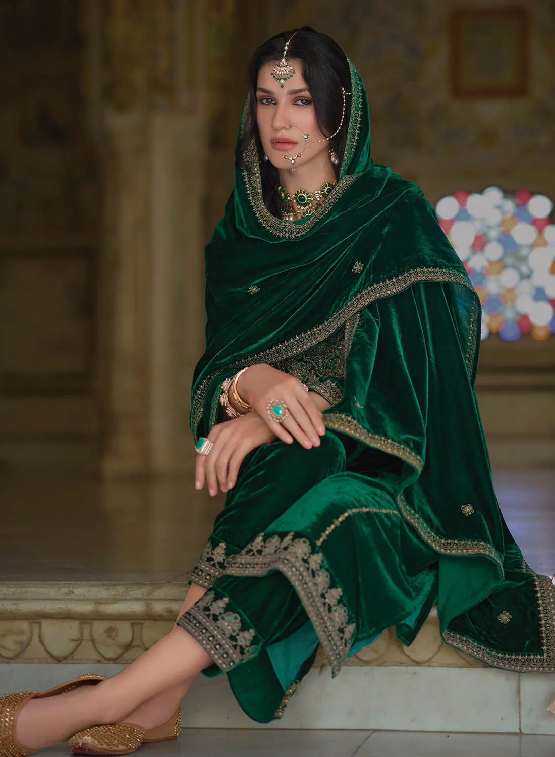 Kilory Party Wear Green Unstitched Winter Velvet Suit Material for Women