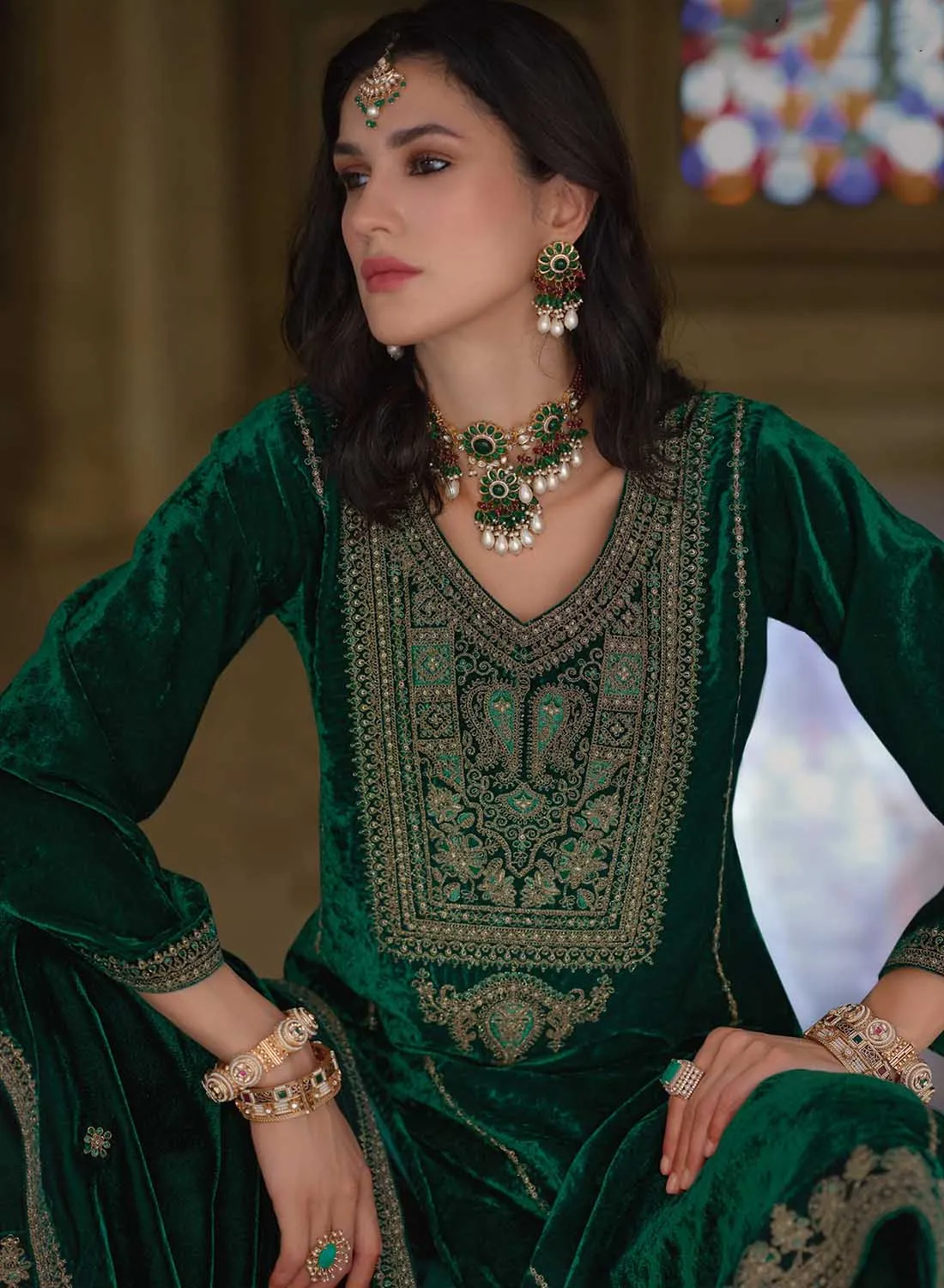 Kilory Party Wear Green Unstitched Winter Velvet Suit Material for Women