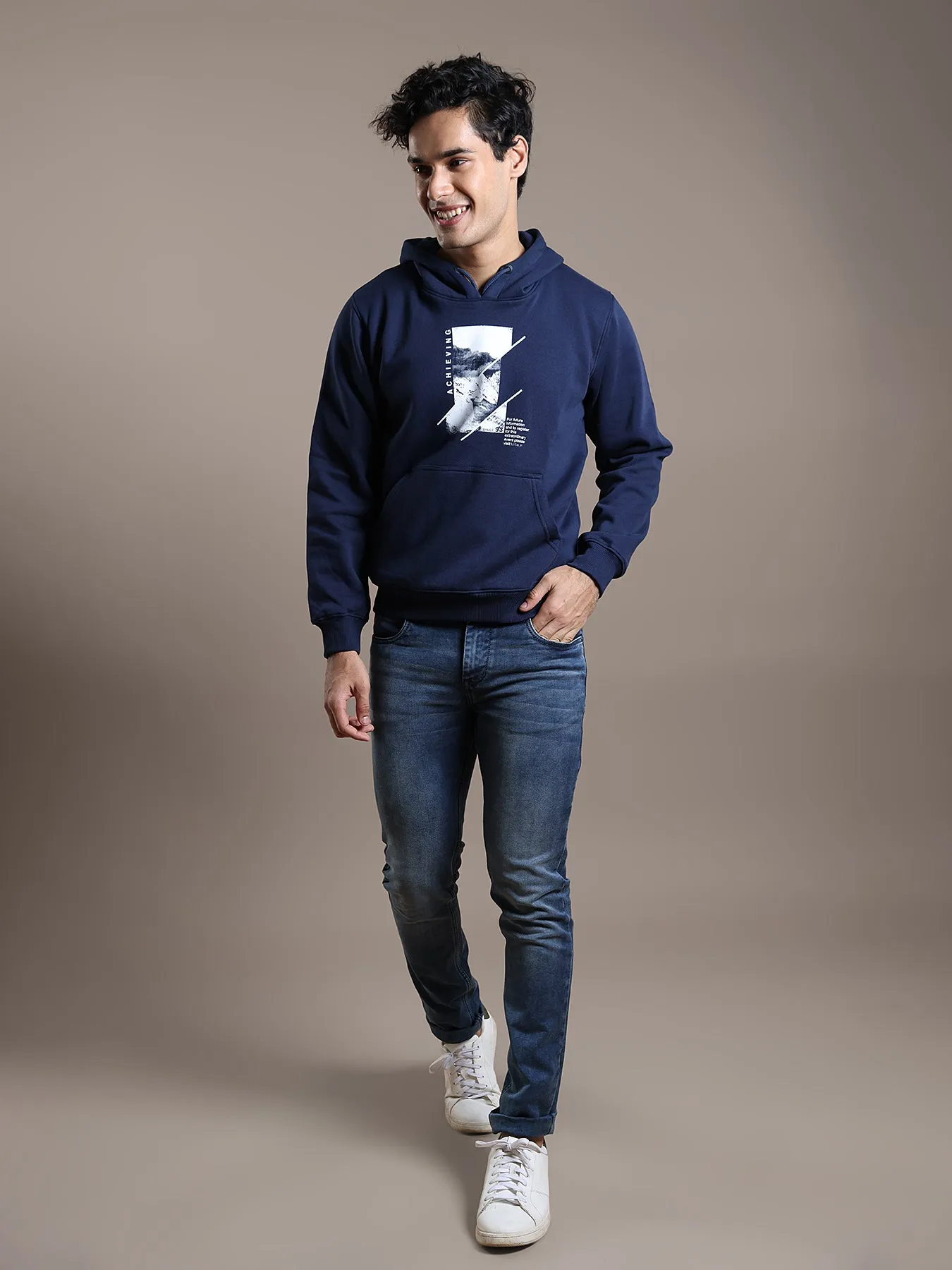 Knitted Navy Blue Printed Full Sleeve Casual Hooded Sweatshirt